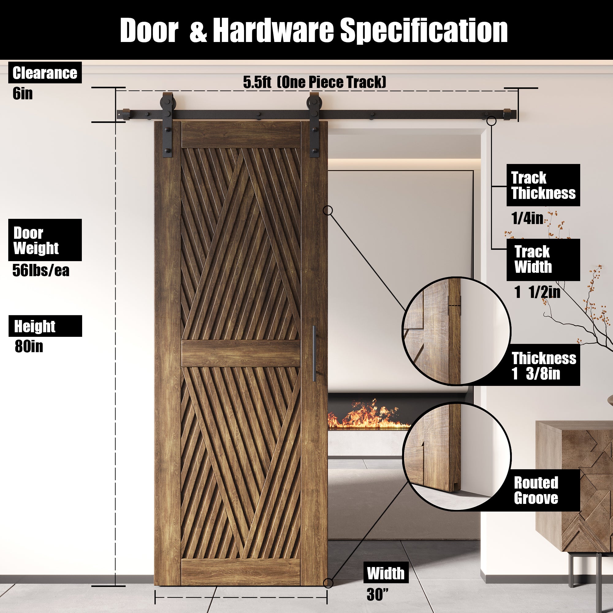 80" Height Dark Walnut Diamond Design Unassembled & Finished Pine Wood Barn Door with Non-Bypass Installation Hardware Kit(Interior Use Only)
