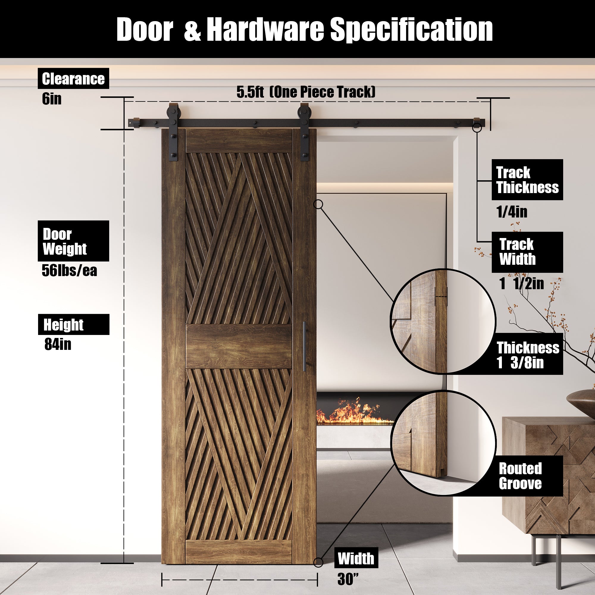 84" Height Dark Walnut Diamond Design Unassembled & Finished Pine Wood Barn Door with Non-Bypass Installation Hardware Kit(Interior Use Only)