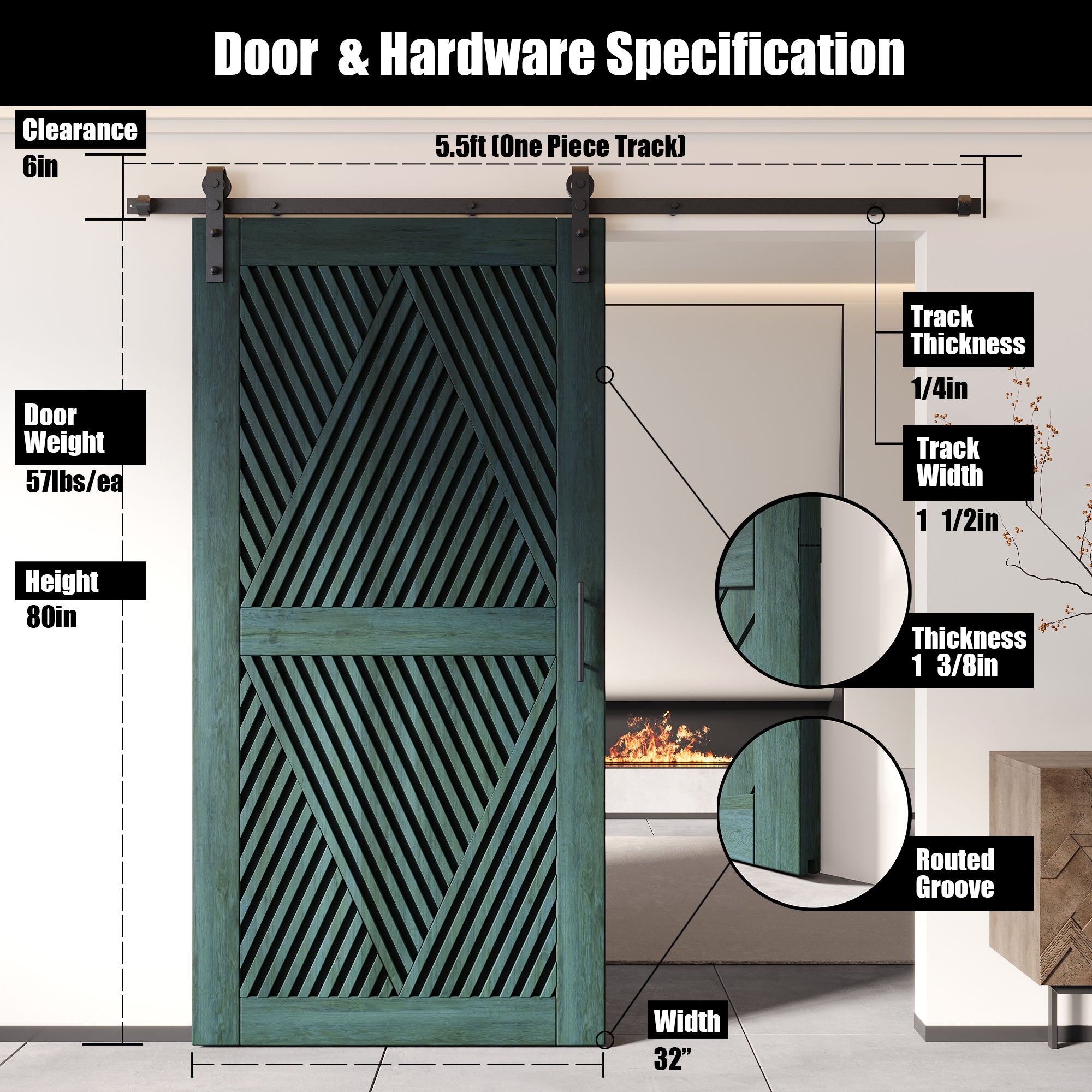 80" Height Royal Pine Diamond Design Unassembled & Finished Pine Wood Barn Door with Non-Bypass Installation Hardware Kit(Interior Use Only)