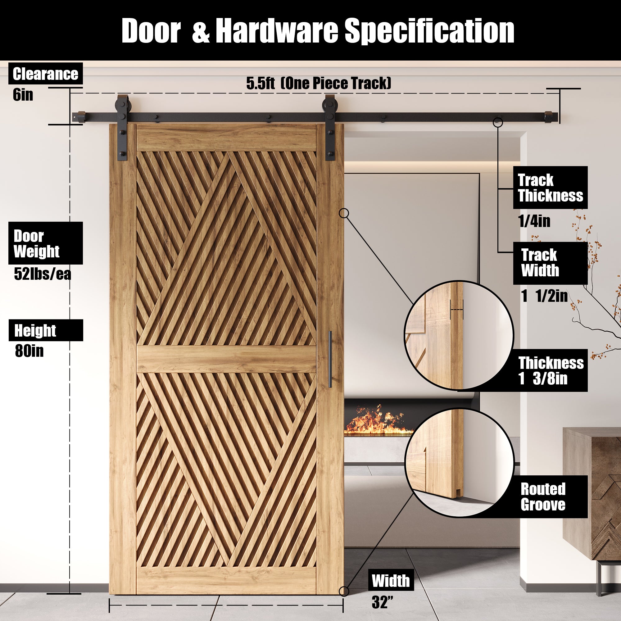 80" Height Diamond Design Unassembled & Unfinished Pine Wood Barn Door with Non-Bypass Installation Hardware Kit(Interior Use Only)