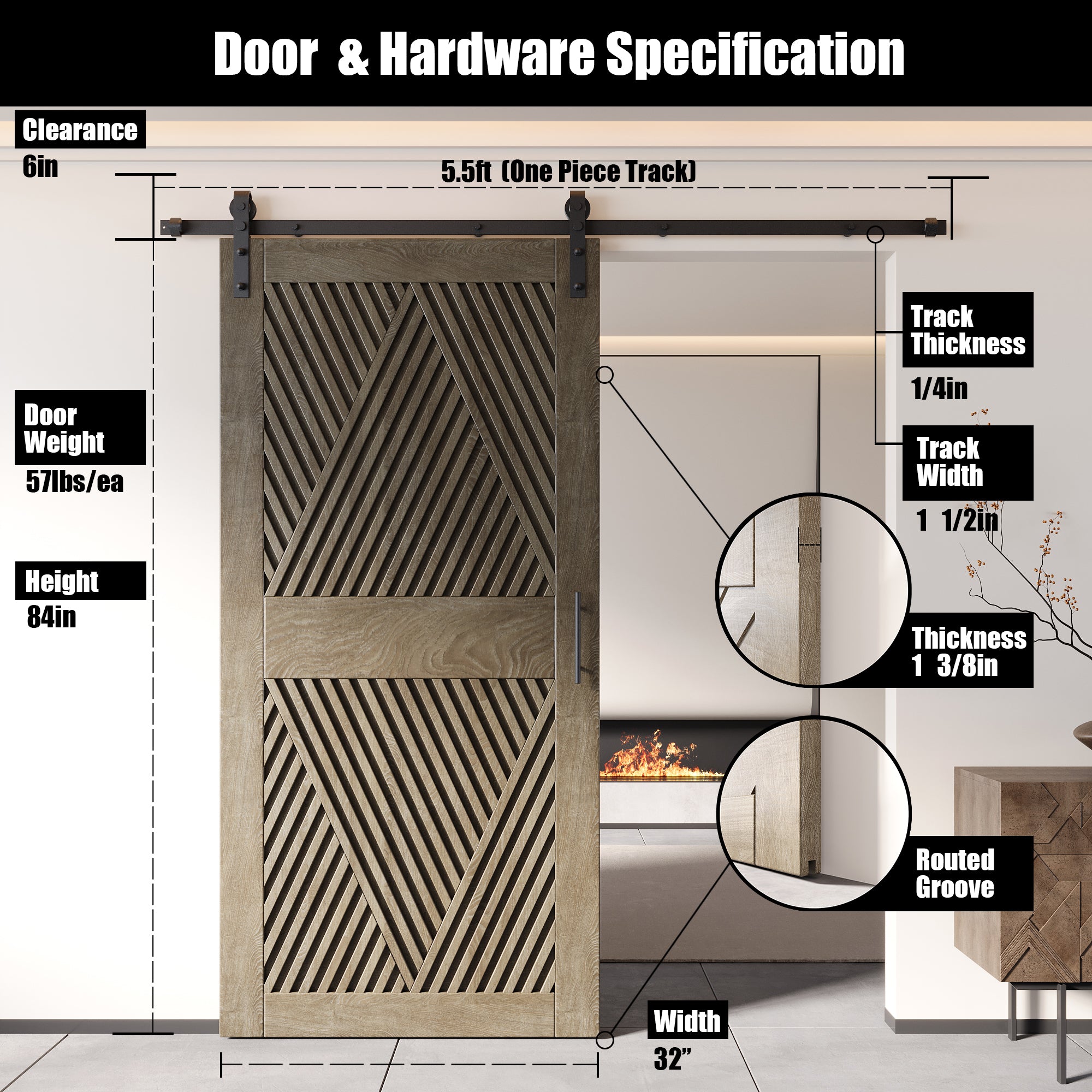 84" Height Classic Gray Diamond Design Unassembled & Finished Pine Wood Barn Door with Non-Bypass Installation Hardware Kit(Interior Use Only)