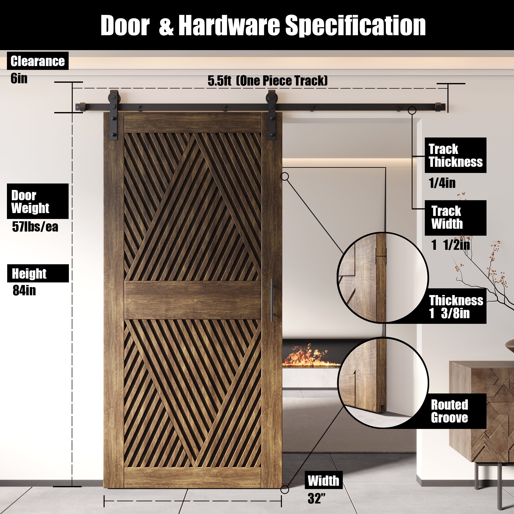 84" Height Dark Walnut Diamond Design Unassembled & Finished Pine Wood Barn Door with Non-Bypass Installation Hardware Kit(Interior Use Only)