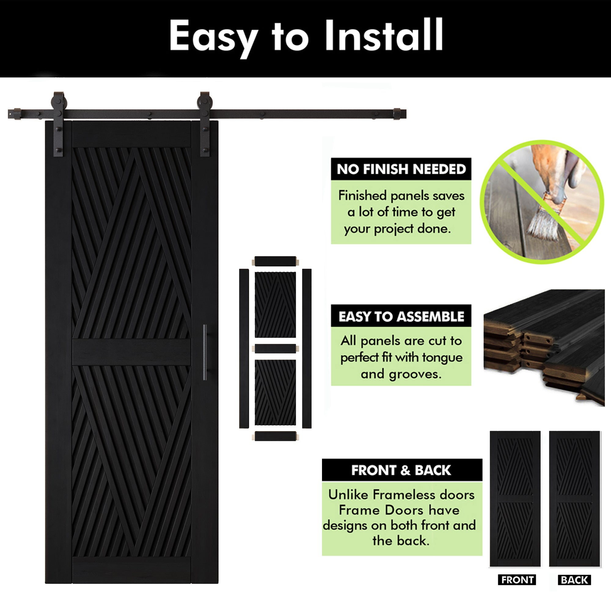 80" Height Black Diamond Design Unassembled & Finished Pine Wood Barn Door with Non-Bypass Installation Hardware Kit(Interior Use Only)