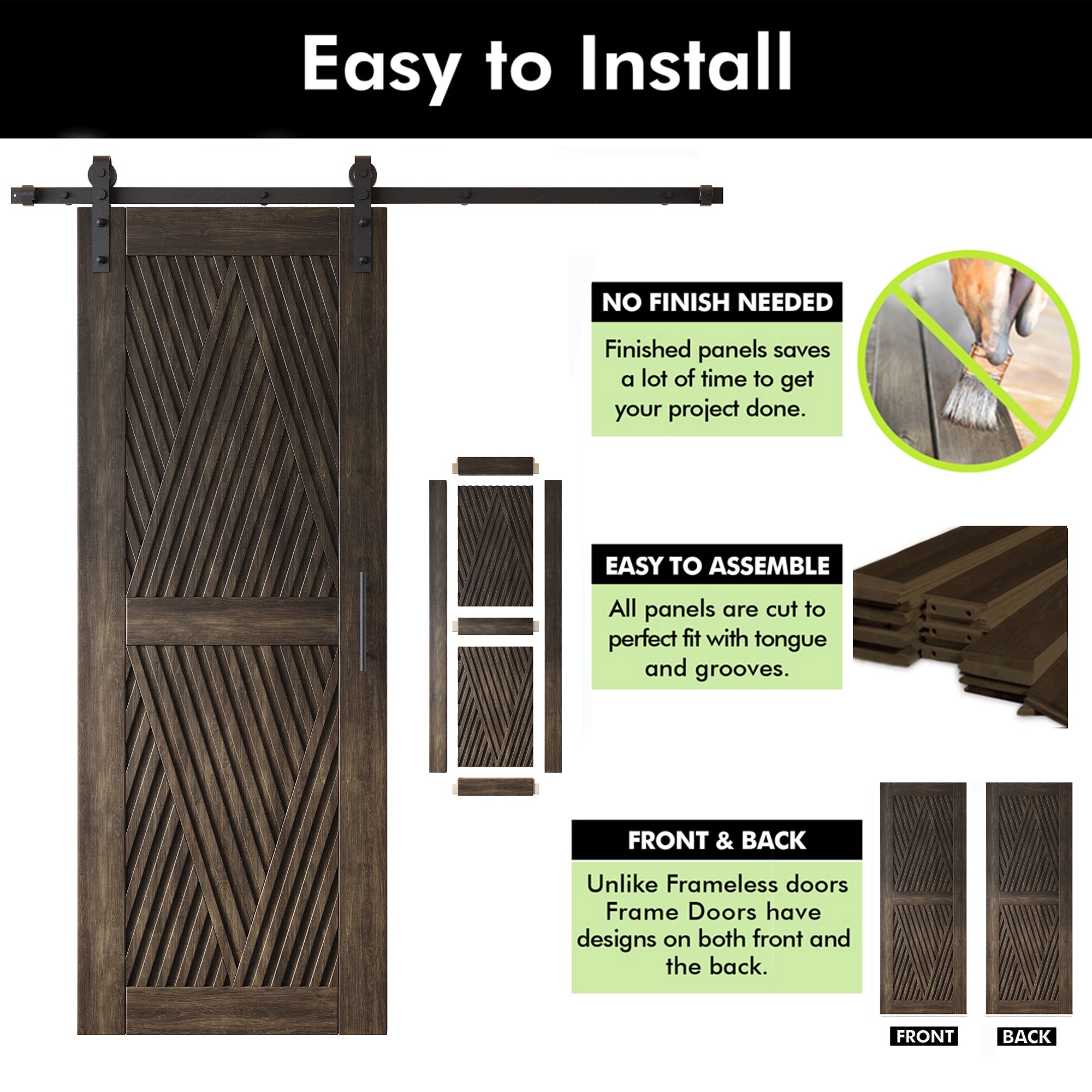80" Height Ebony Diamond Design Unassembled & Finished Pine Wood Barn Door with Non-Bypass Installation Hardware Kit(Interior Use Only)