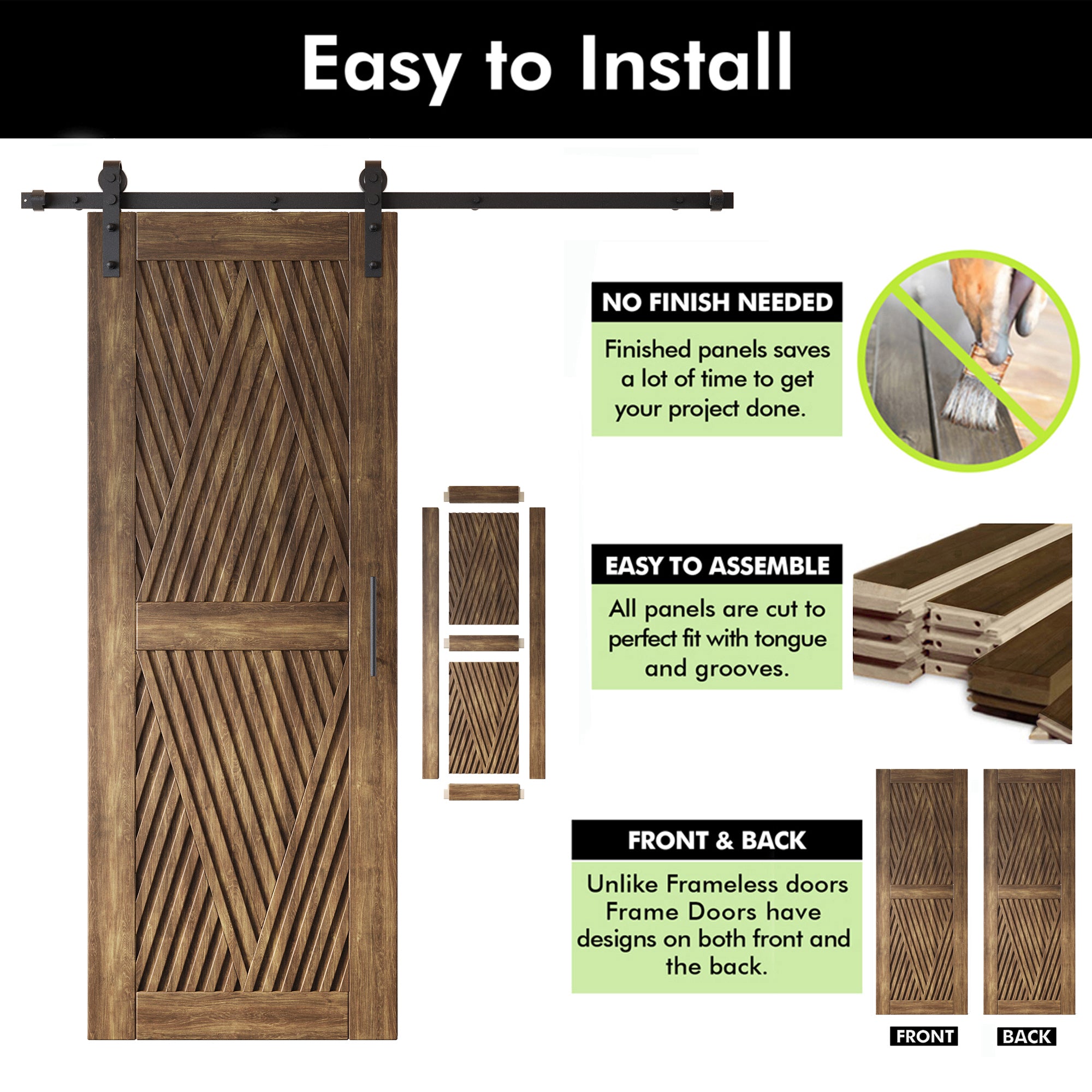 80" Height Dark Walnut Diamond Design Unassembled & Finished Pine Wood Barn Door with Non-Bypass Installation Hardware Kit(Interior Use Only)