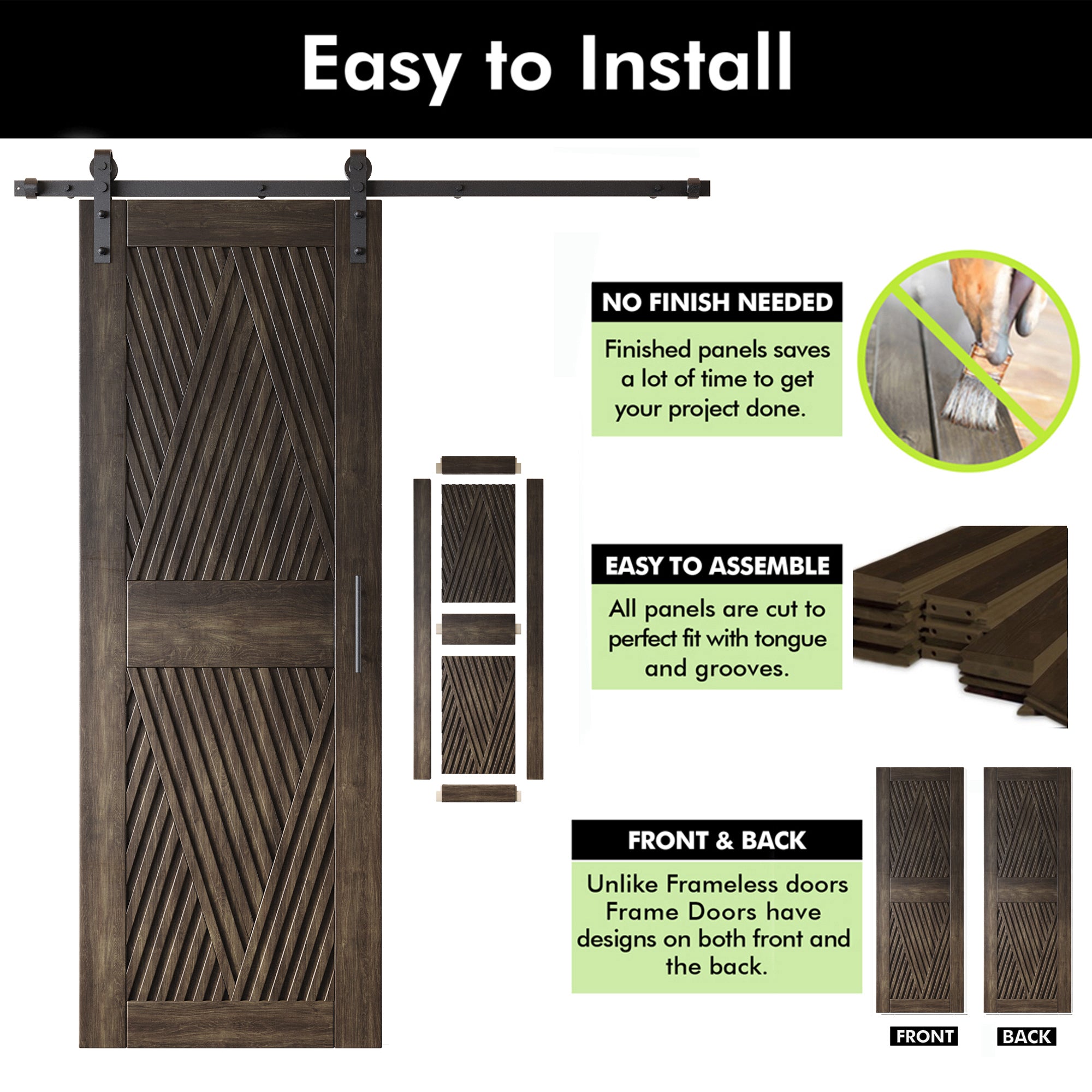 84" Height Ebony Diamond Design Unassembled & Finished Pine Wood Barn Door with Non-Bypass Installation Hardware Kit(Interior Use Only)