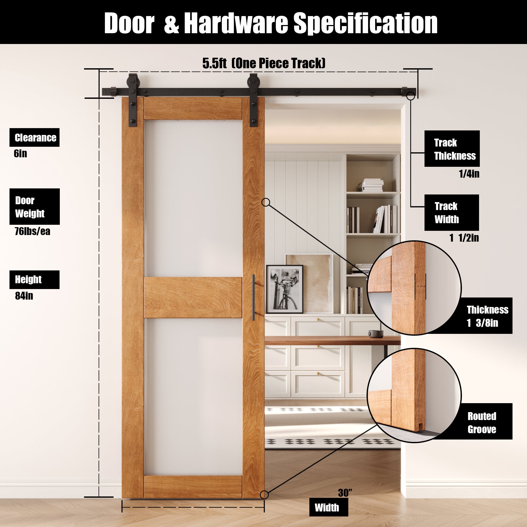 84" Height Early American 2-Lite Frosted Glass Unassembled & Finished Pine Wood Barn Door with Non-Bypass Installation Hardware Kit (Interior Use Only)