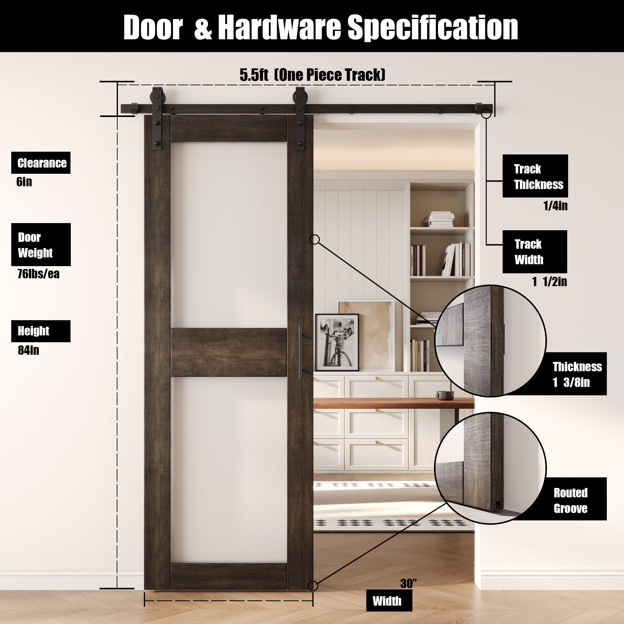 84" Height Ebony 2-Lite Frosted Glass Unassembled & Finished Pine Wood Barn Door with Non-Bypass Installation Hardware Kit (Interior Use Only)