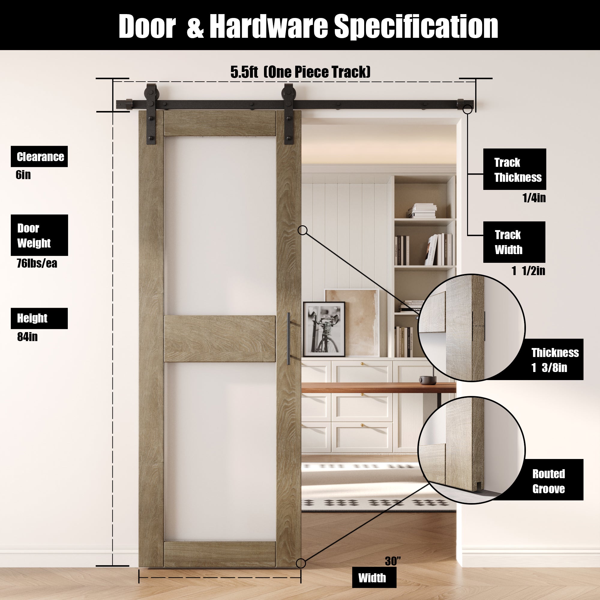 84" Height Classic Gray 2-Lite Frosted Glass Unassembled & Finished Pine Wood Barn Door with Non-Bypass Installation Hardware Kit (Interior Use Only)