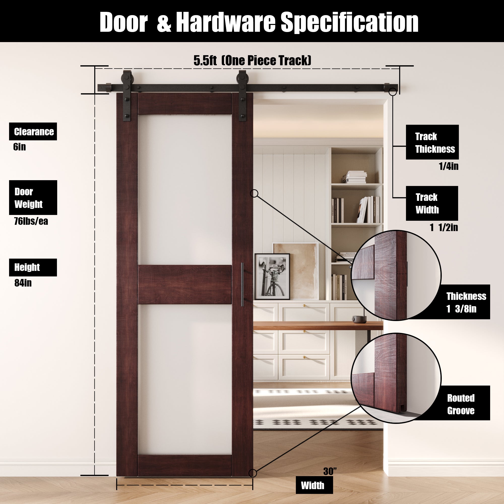 84" Height Red Mahogany 2-Lite Frosted Glass Unassembled & Finished Pine Wood Barn Door with Non-Bypass Installation Hardware Kit (Interior Use Only)