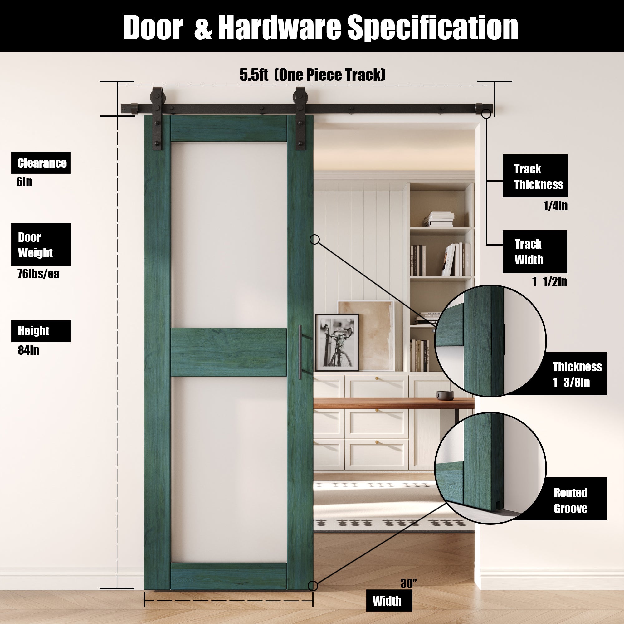 84" Height Royal Pine 2-Lite Frosted Glass Unassembled & Finished Pine Wood Barn Door with Non-Bypass Installation Hardware Kit (Interior Use Only)