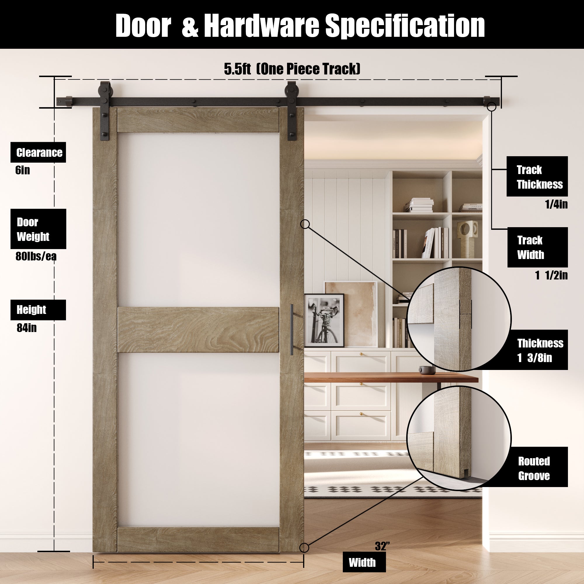 84" Height Classic Gray 2-Lite Frosted Glass Unassembled & Finished Pine Wood Barn Door with Non-Bypass Installation Hardware Kit (Interior Use Only)