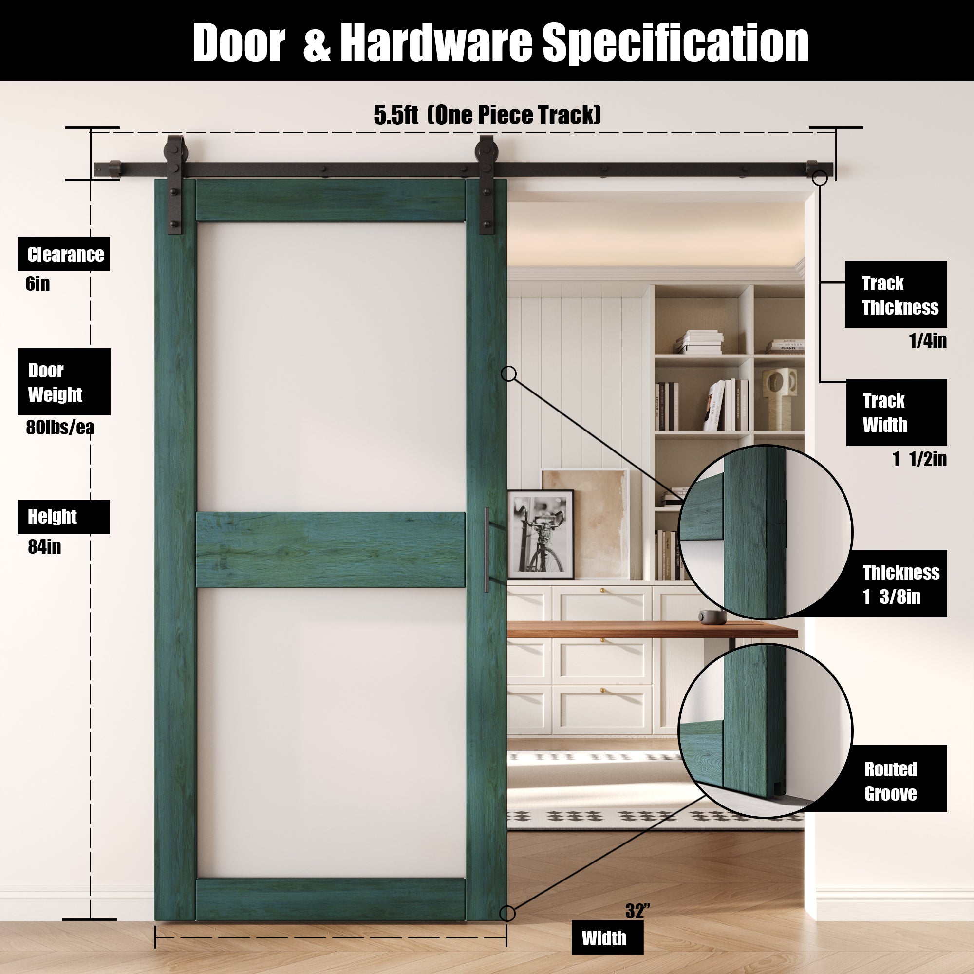 84" Height Royal Pine 2-Lite Frosted Glass Unassembled & Finished Pine Wood Barn Door with Non-Bypass Installation Hardware Kit (Interior Use Only)
