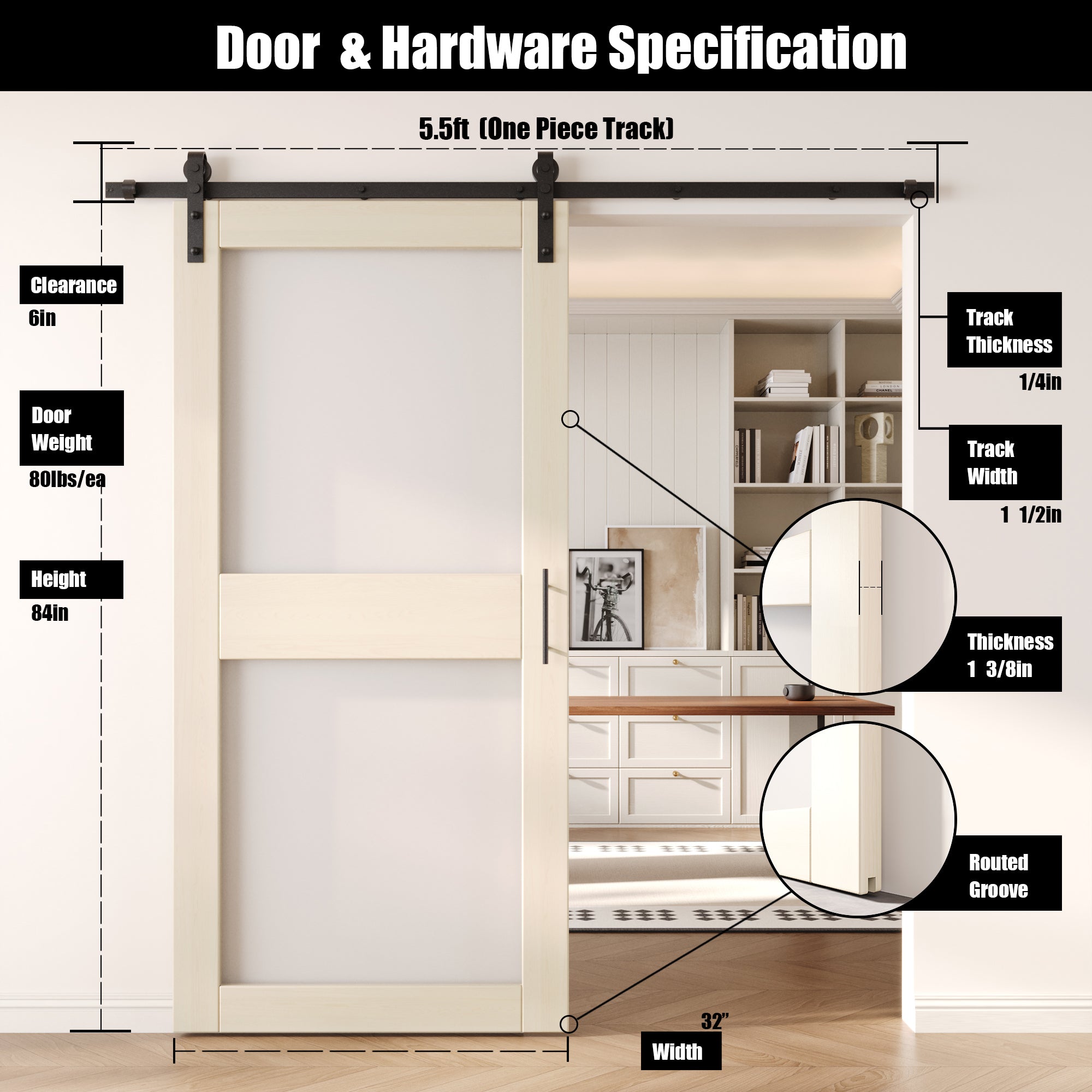 84" Height Tinsmith Gray 2-Lite Frosted Glass Unassembled & Finished Pine Wood Barn Door with Non-Bypass Installation Hardware Kit (Interior Use Only)