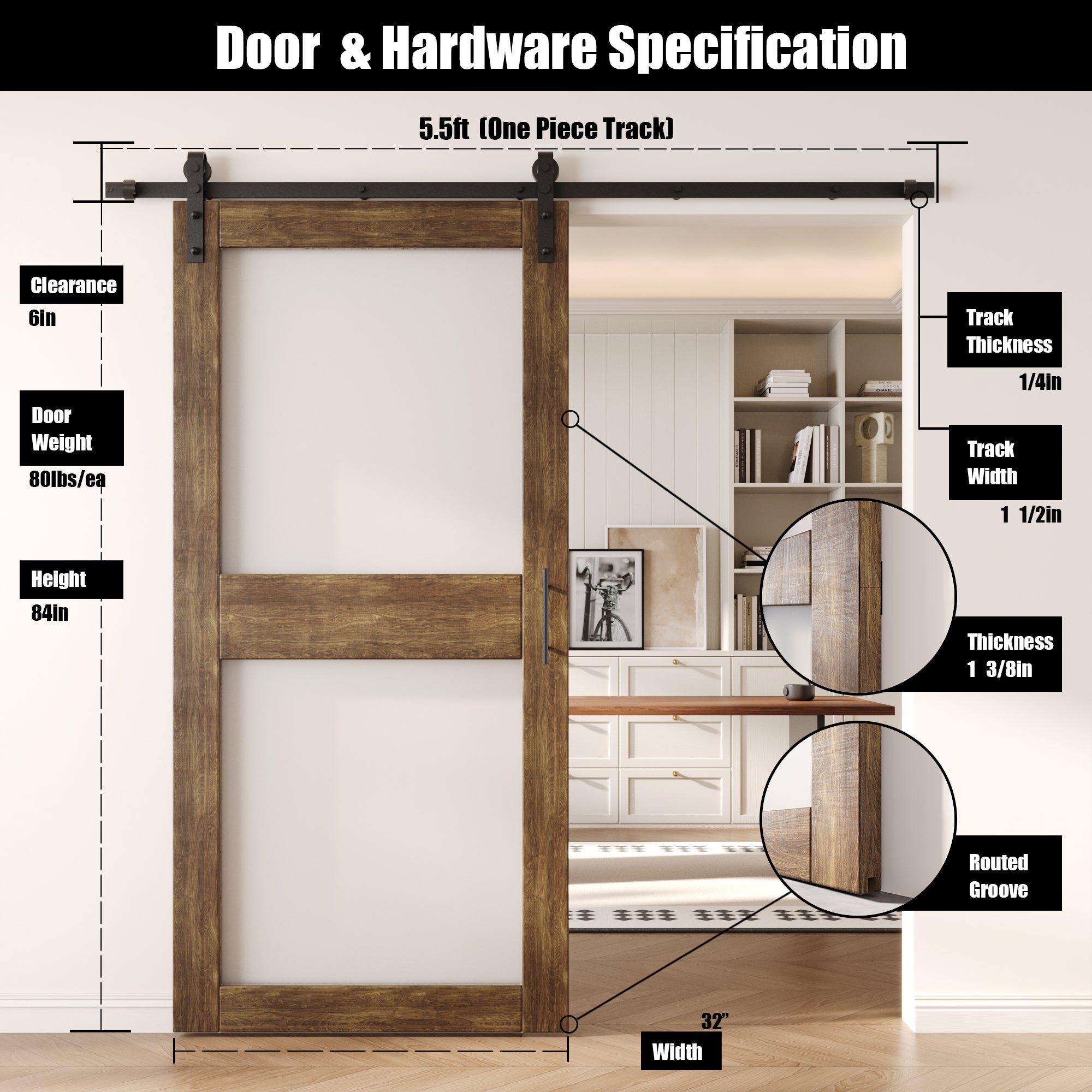 84" Height Dark Walnut 2-Lite Frosted Glass Unassembled & Finished Pine Wood Barn Door with Non-Bypass Installation Hardware Kit (Interior Use Only)