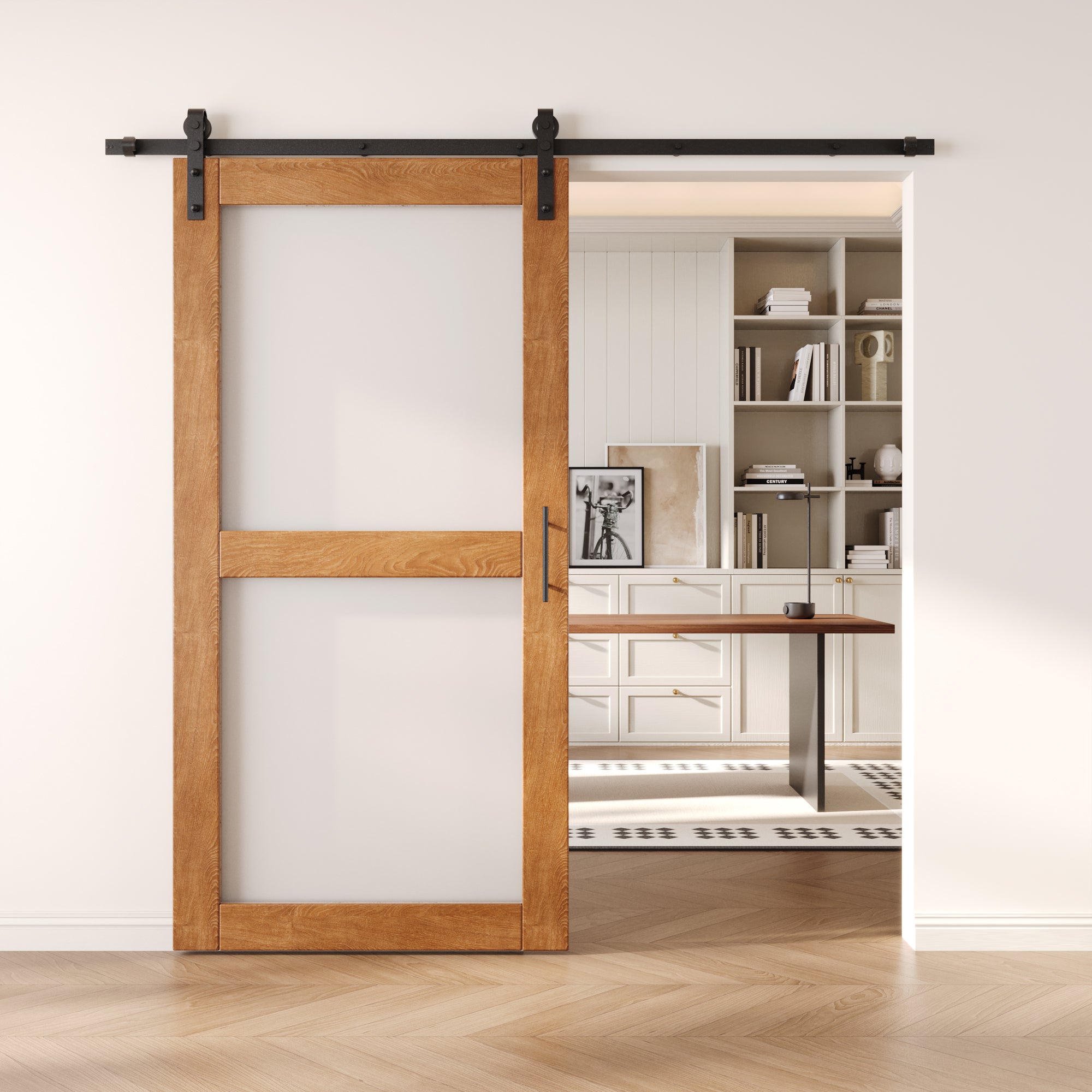 80" Height Early American 2-Lite Frosted Glass Unassembled & Finished Pine Wood Barn Door with Non-Bypass Installation Hardware Kit (Interior Use Only)