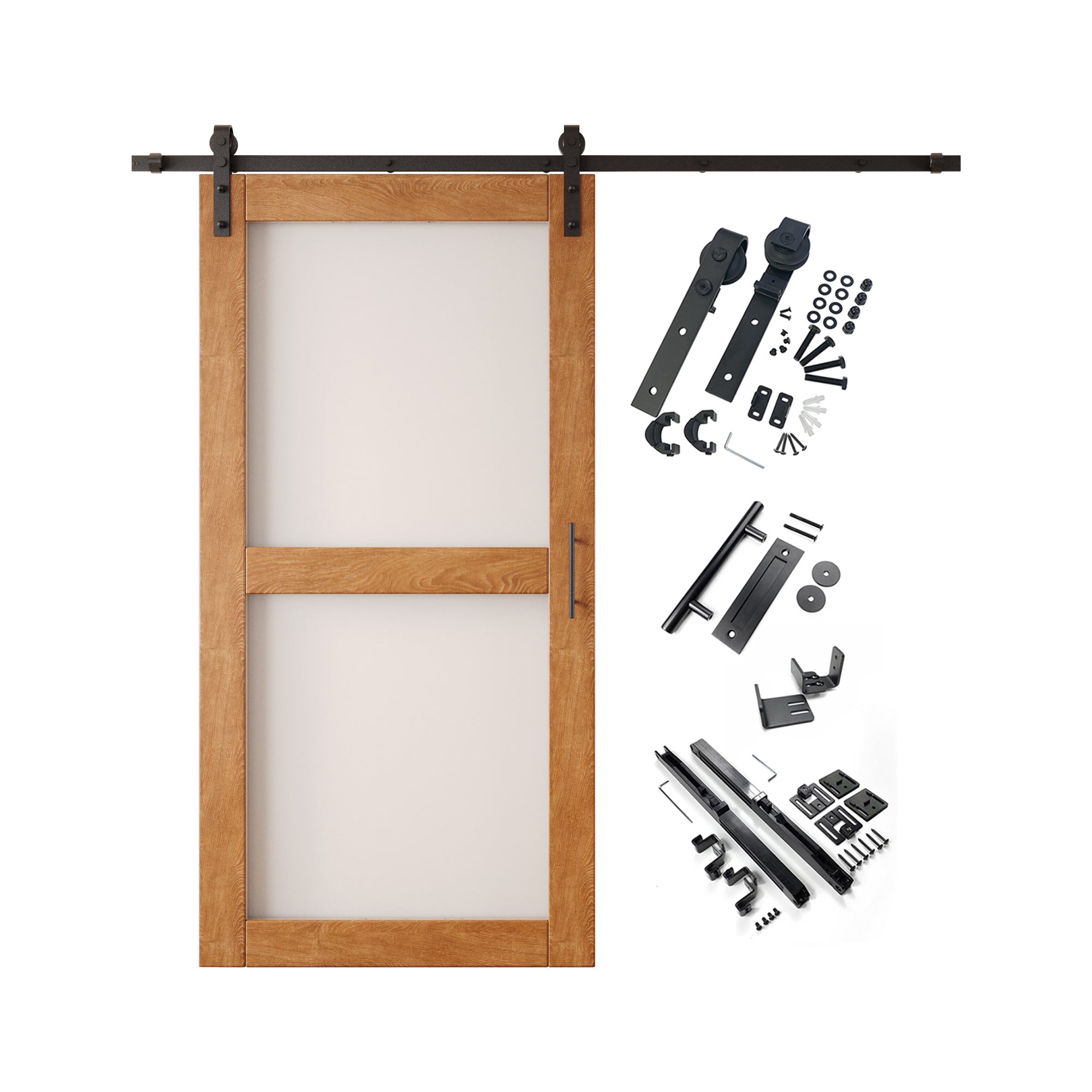 80" Height Early American 2-Lite Frosted Glass Unassembled & Finished Pine Wood Barn Door with Non-Bypass Installation Hardware Kit (Interior Use Only)