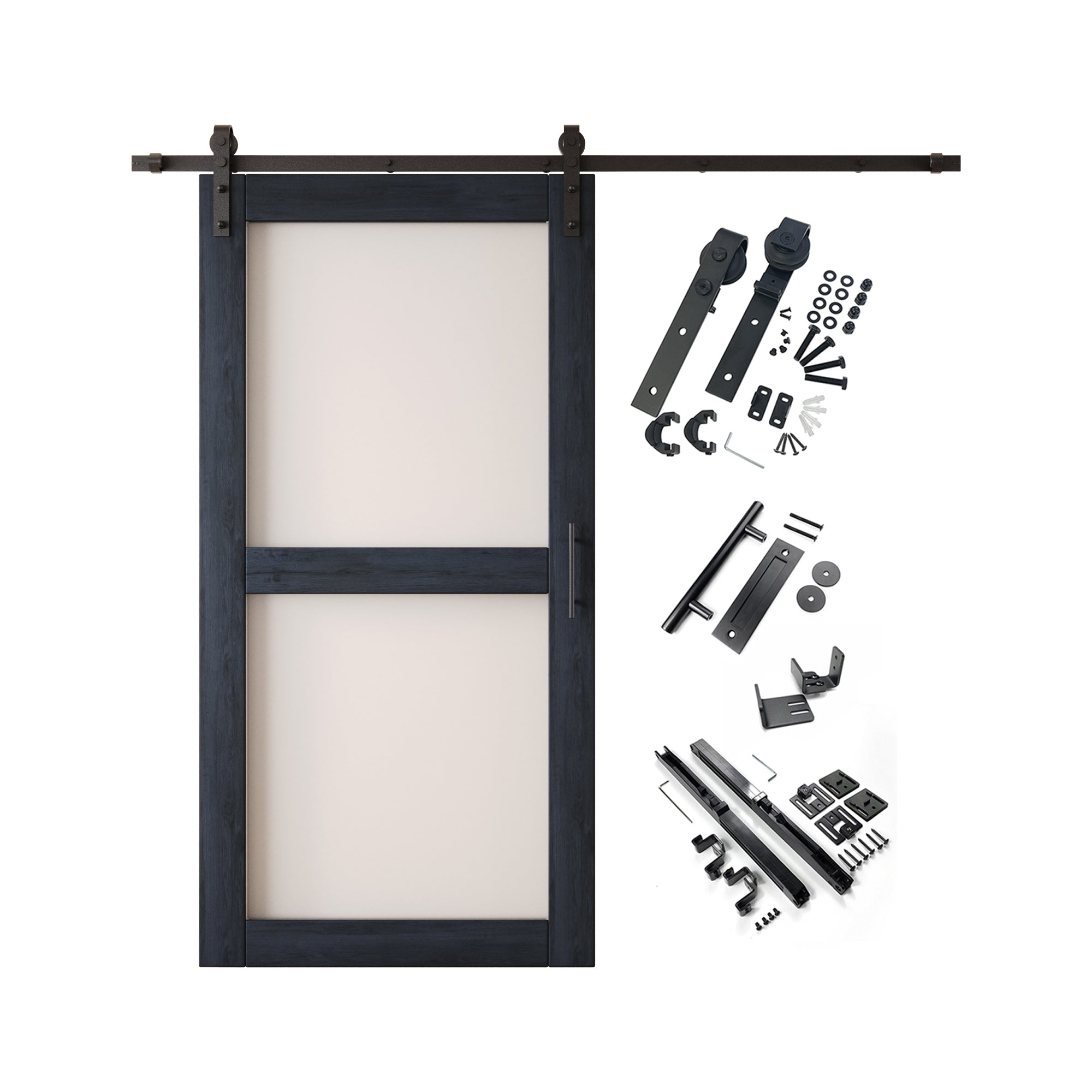 80" Height Navy 2-Lite Frosted Glass Unassembled & Finished Pine Wood Barn Door with Non-Bypass Installation Hardware Kit (Interior Use Only)