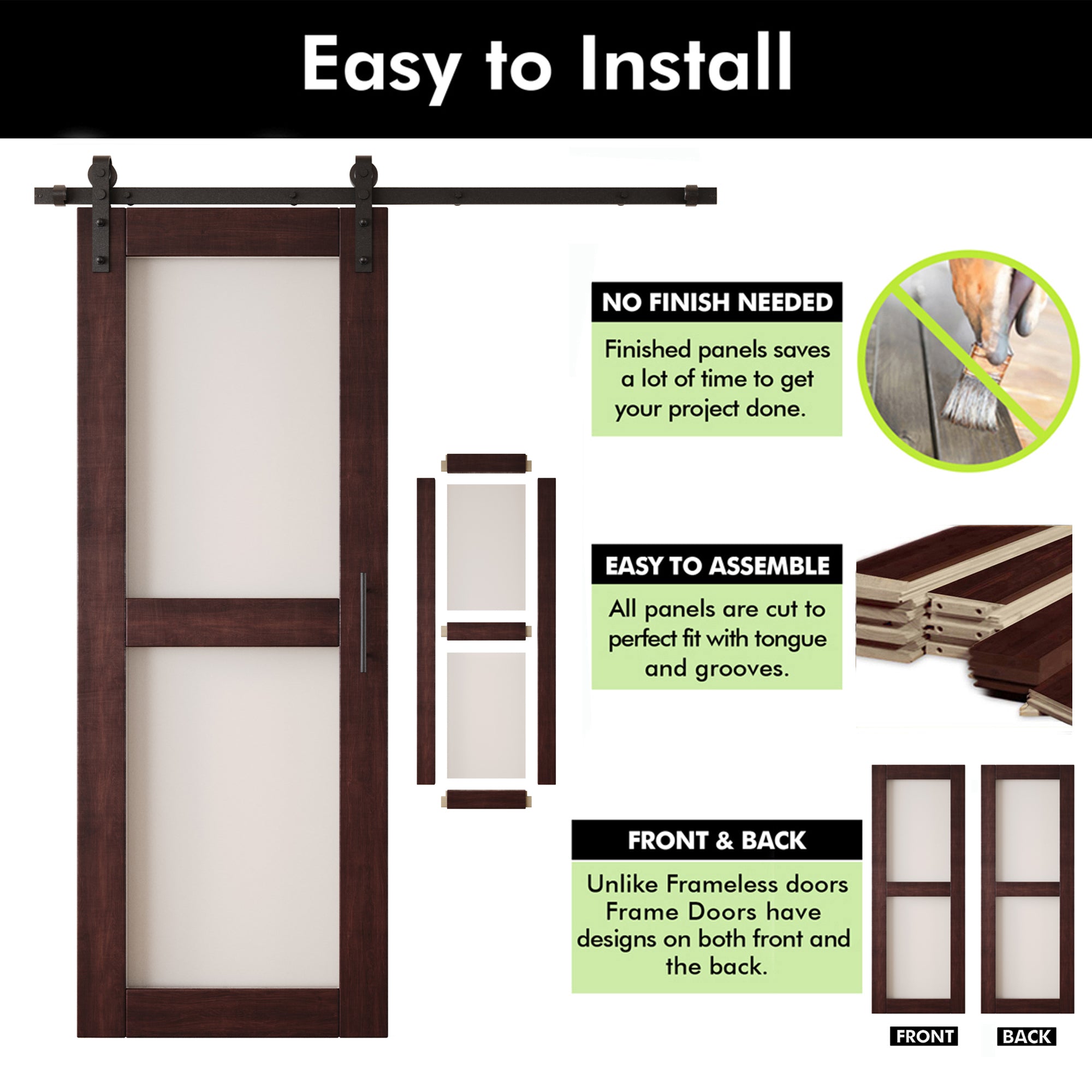 80" Height Red Mahogany 2-Lite Frosted Glass Unassembled & Finished Pine Wood Barn Door with Non-Bypass Installation Hardware Kit (Interior Use Only)