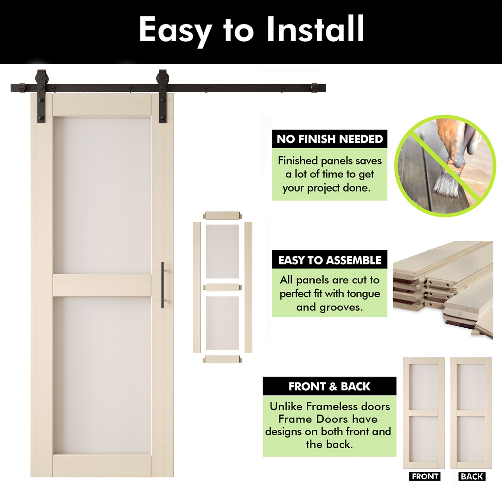 80" Height Tinsmith Gray 2-Lite Frosted Glass Unassembled & Finished Pine Wood Barn Door with Non-Bypass Installation Hardware Kit (Interior Use Only)