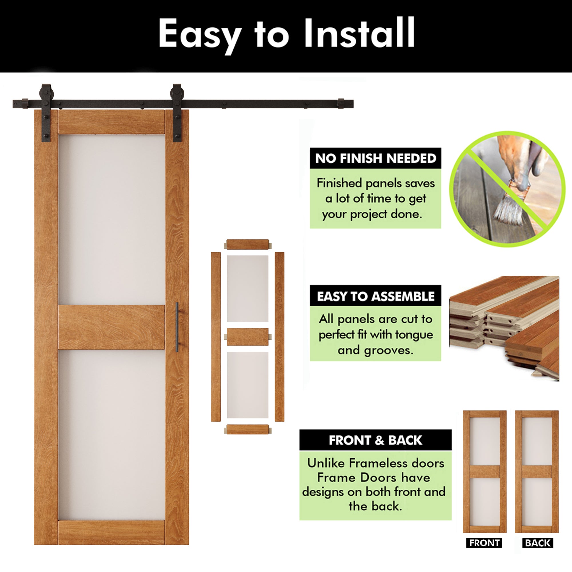 84" Height Early American 2-Lite Frosted Glass Unassembled & Finished Pine Wood Barn Door with Non-Bypass Installation Hardware Kit (Interior Use Only)