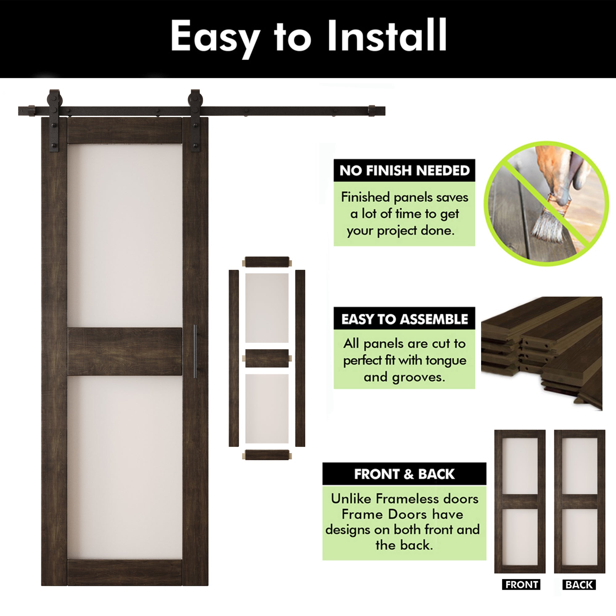 84" Height Ebony 2-Lite Frosted Glass Unassembled & Finished Pine Wood Barn Door with Non-Bypass Installation Hardware Kit (Interior Use Only)