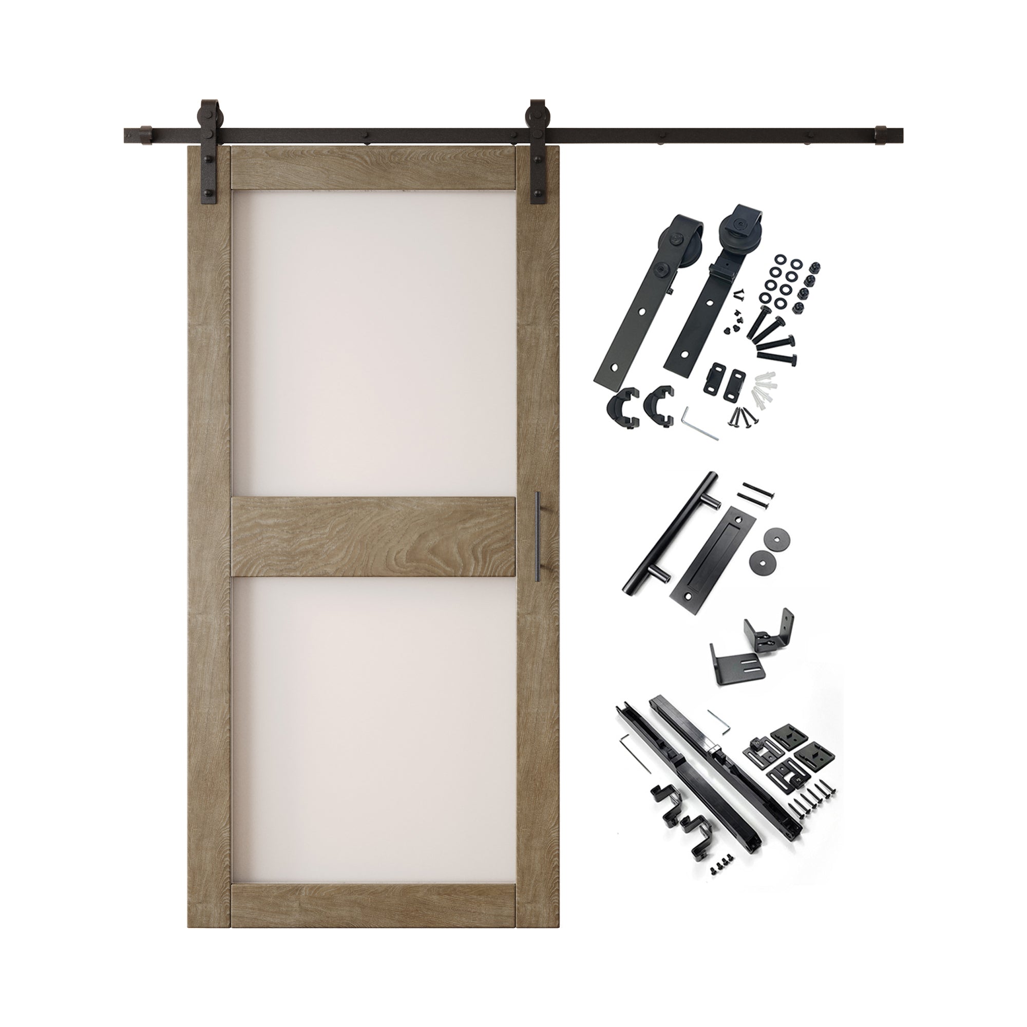 84" Height Classic Gray 2-Lite Frosted Glass Unassembled & Finished Pine Wood Barn Door with Non-Bypass Installation Hardware Kit (Interior Use Only)