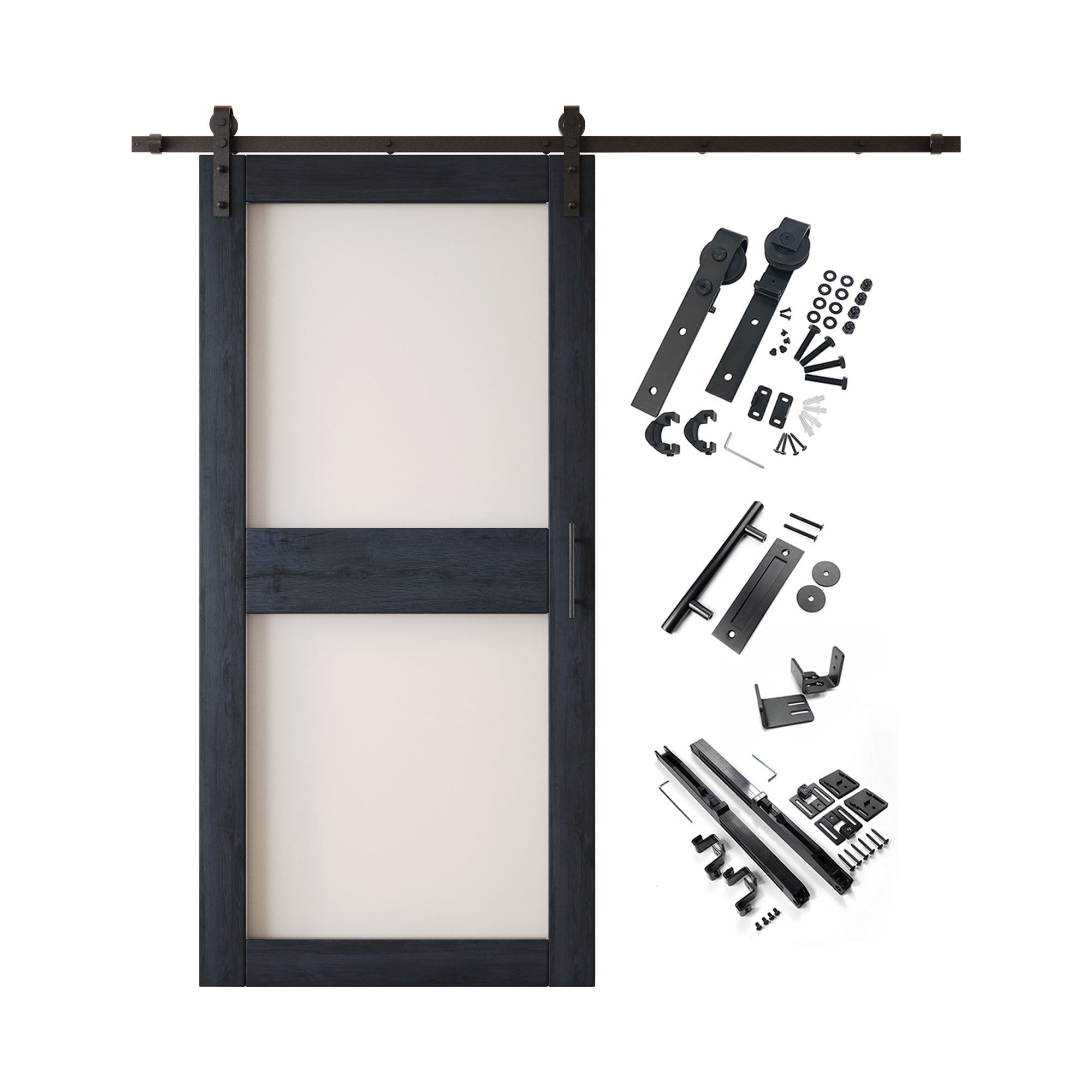 84" Height Navy 2-Lite Frosted Glass Unassembled & Finished Pine Wood Barn Door with Non-Bypass Installation Hardware Kit (Interior Use Only)