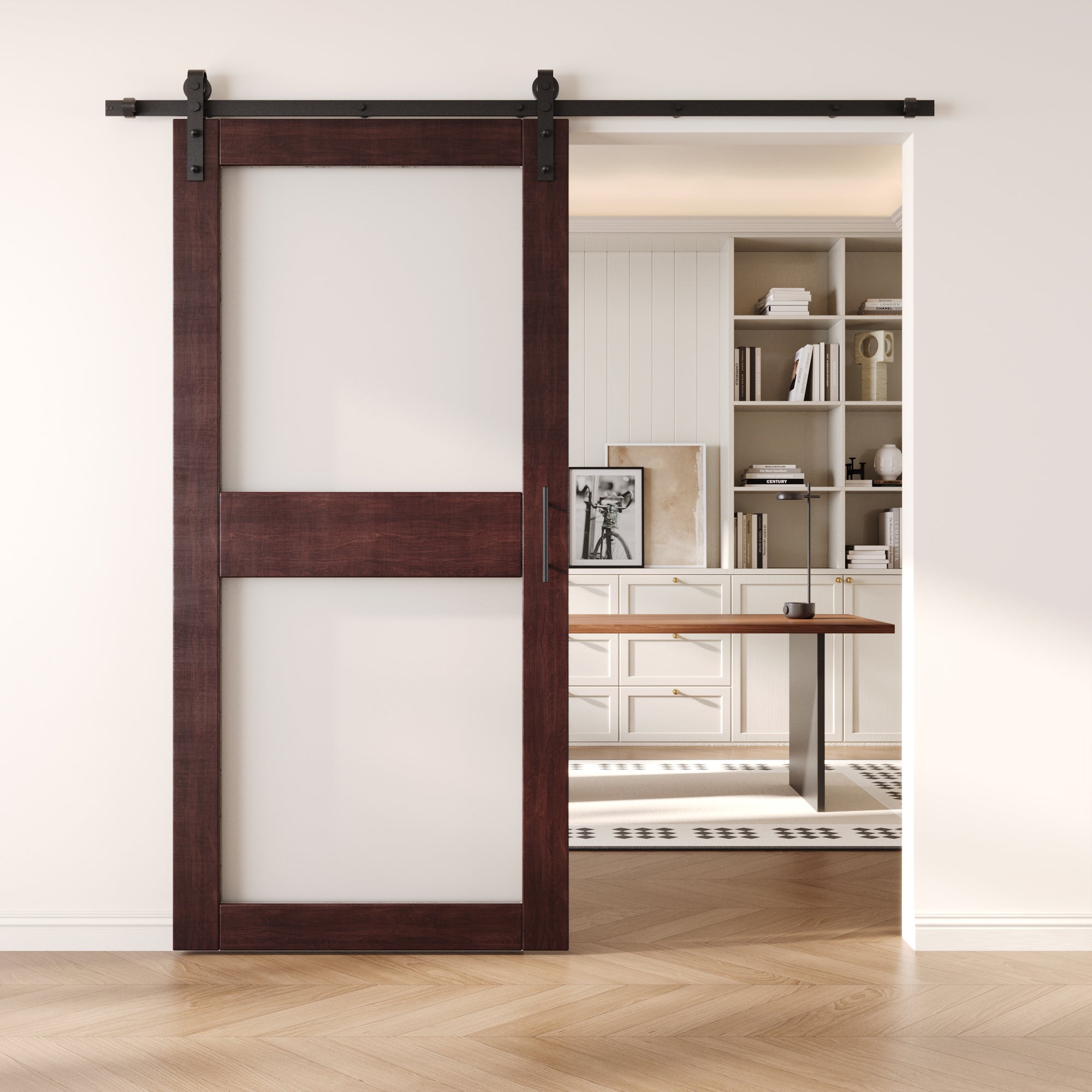 84" Height Red Mahogany 2-Lite Frosted Glass Unassembled & Finished Pine Wood Barn Door with Non-Bypass Installation Hardware Kit (Interior Use Only)
