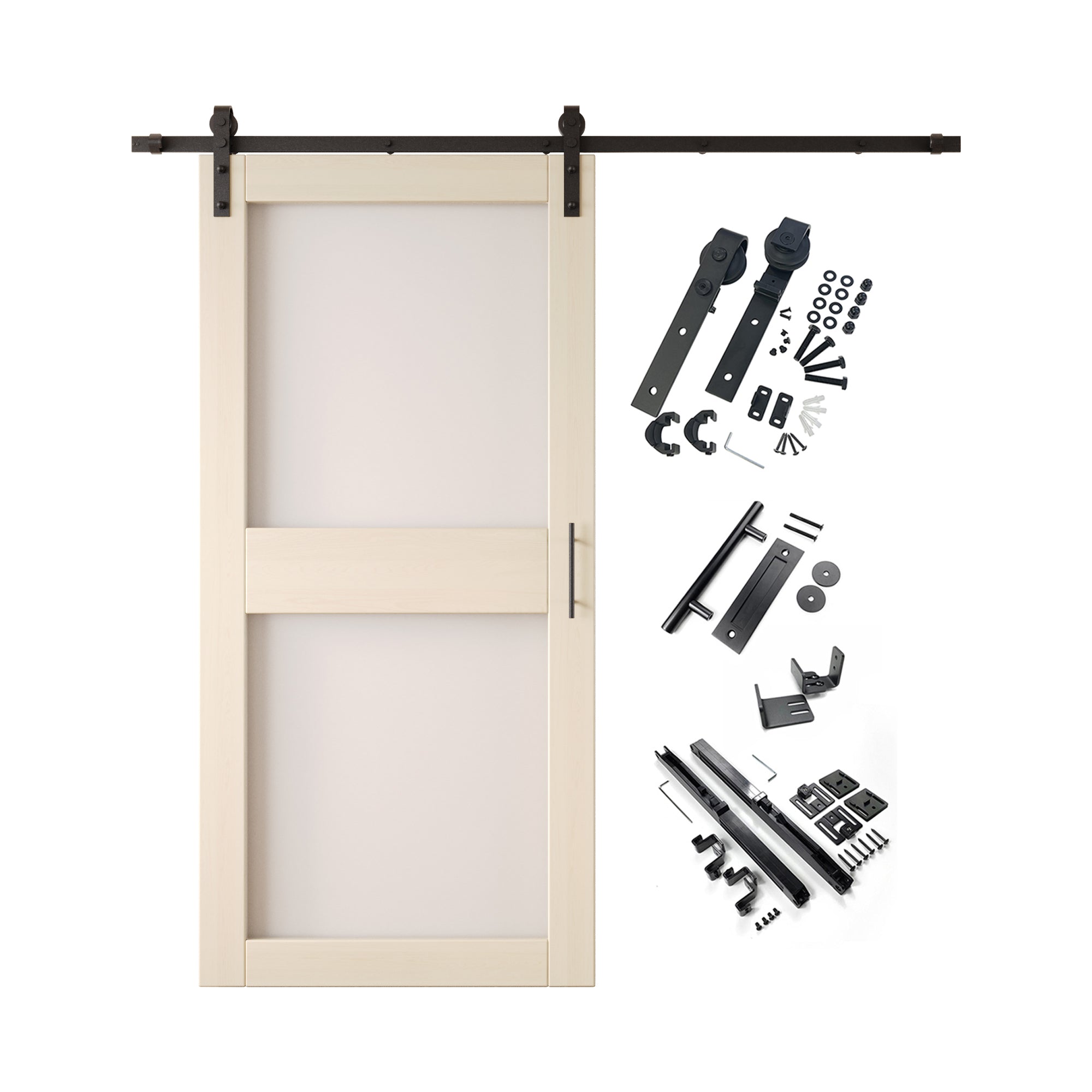 84" Height Tinsmith Gray 2-Lite Frosted Glass Unassembled & Finished Pine Wood Barn Door with Non-Bypass Installation Hardware Kit (Interior Use Only)