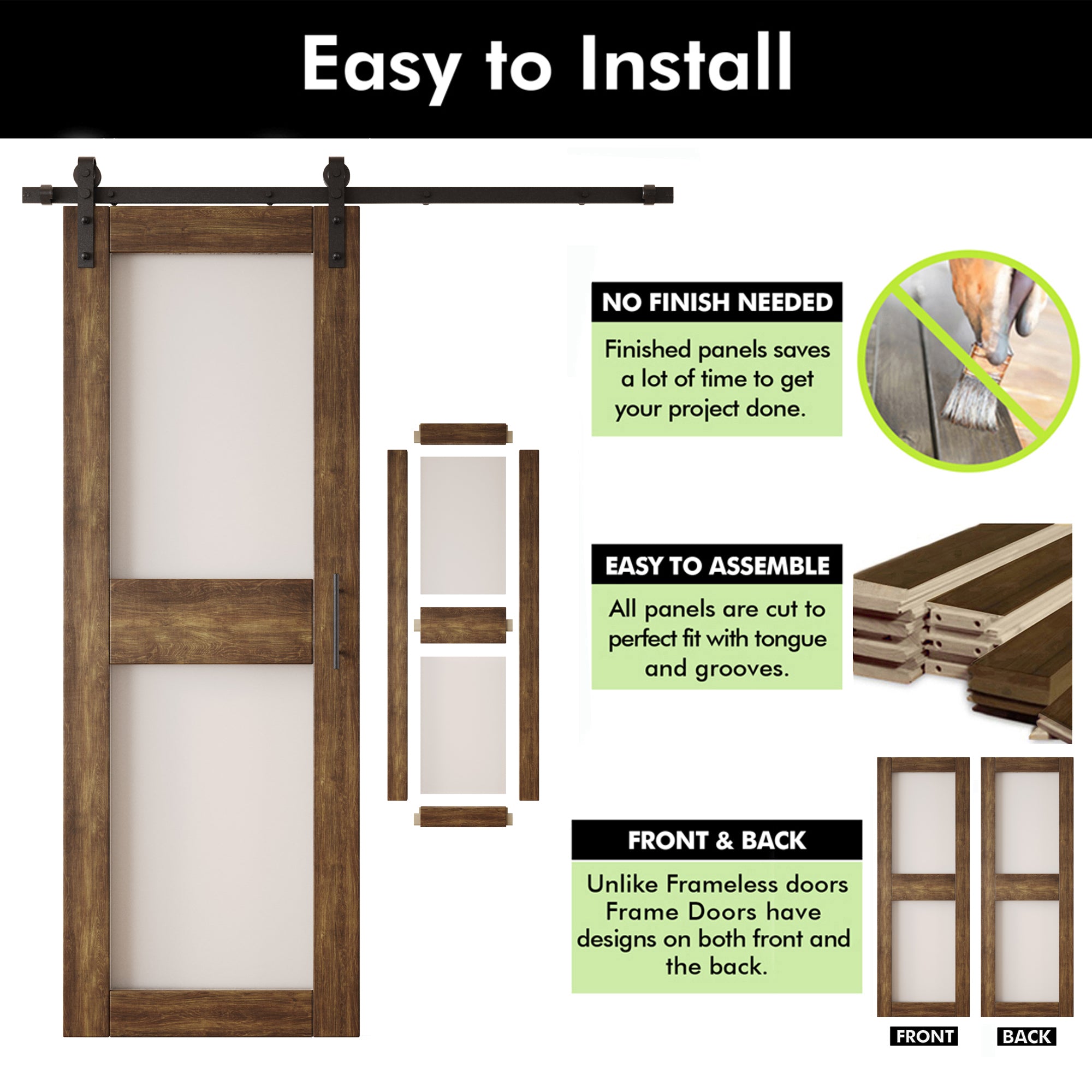 84" Height Dark Walnut 2-Lite Frosted Glass Unassembled & Finished Pine Wood Barn Door with Non-Bypass Installation Hardware Kit (Interior Use Only)