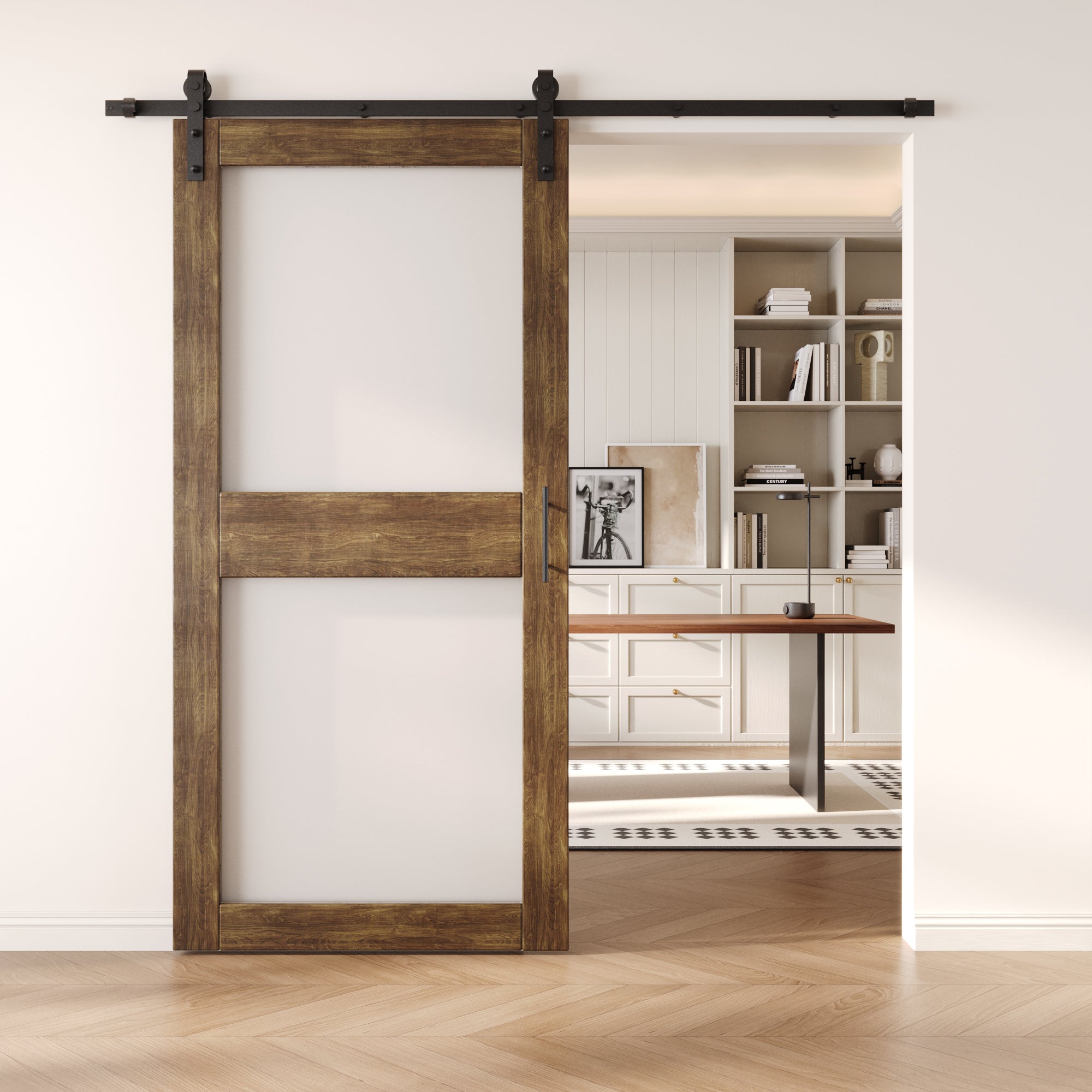 84" Height Dark Walnut 2-Lite Frosted Glass Unassembled & Finished Pine Wood Barn Door with Non-Bypass Installation Hardware Kit (Interior Use Only)