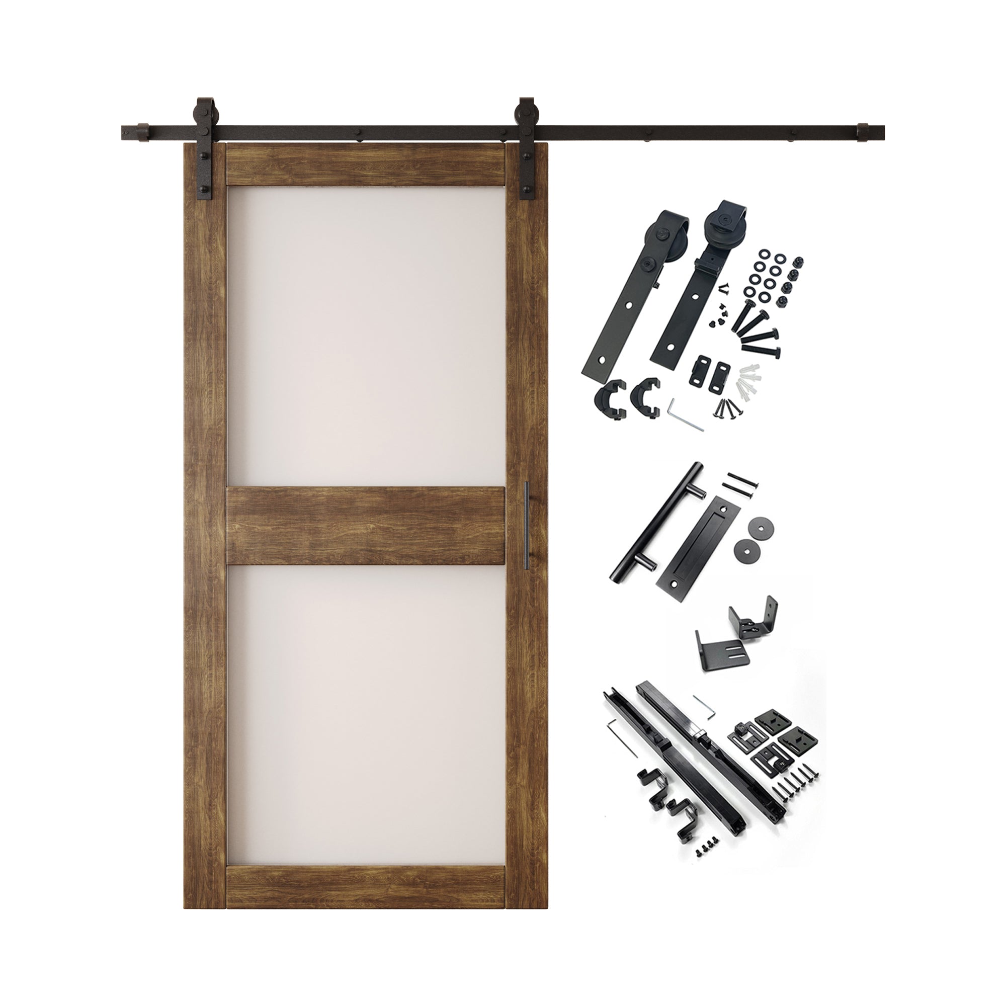 84" Height Dark Walnut 2-Lite Frosted Glass Unassembled & Finished Pine Wood Barn Door with Non-Bypass Installation Hardware Kit (Interior Use Only)