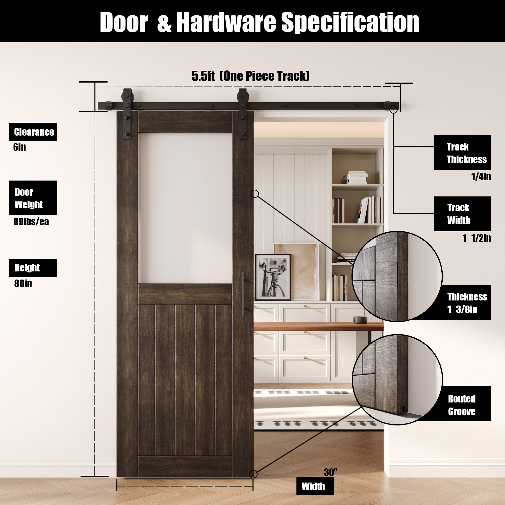 80" Height Ebony Half Lite Frosted Glass Unassembled & Finished Pine Wood Barn Door with Non-Bypass Installation Hardware Kit (Interior Use Only)