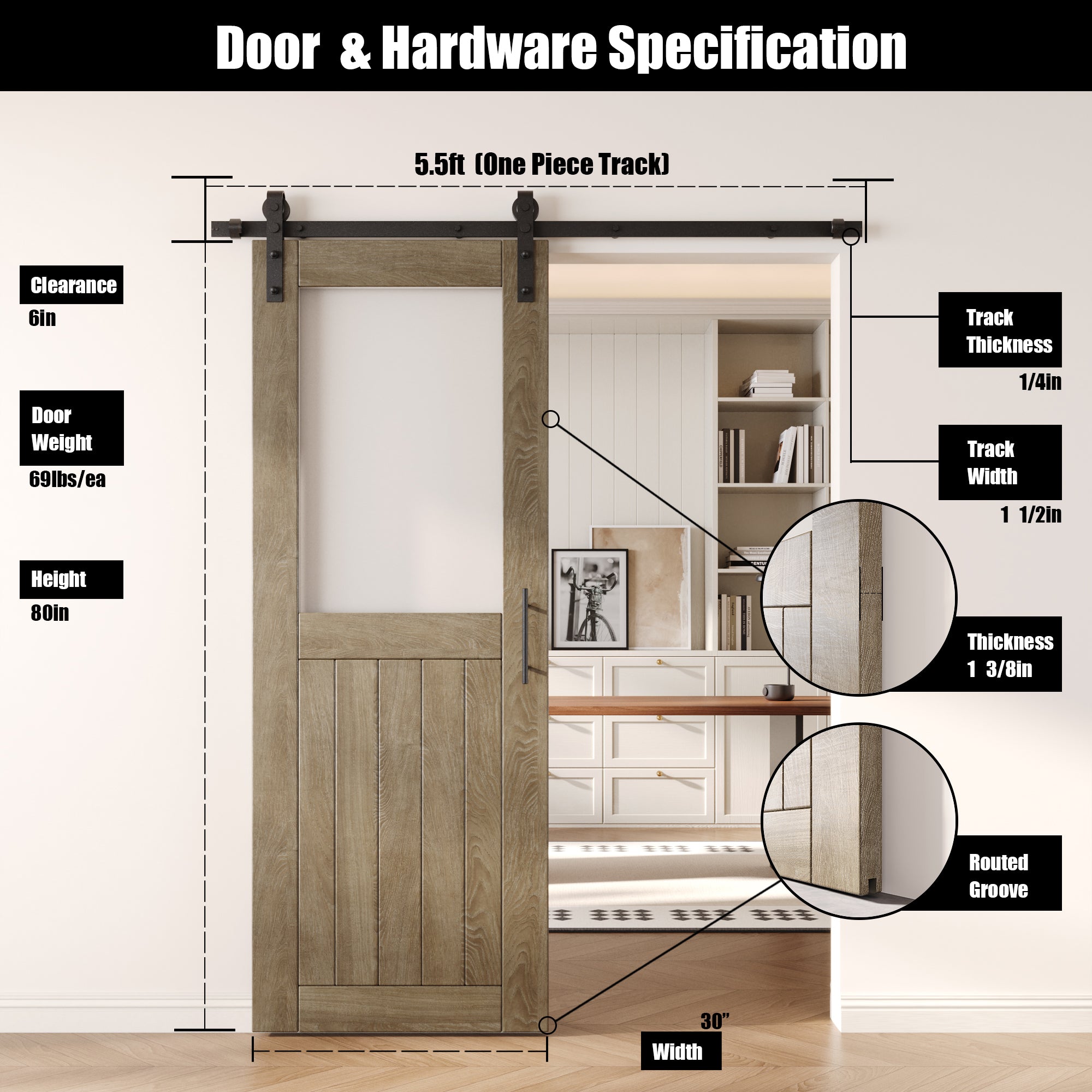 80" Height Classic Gray Half Lite Frosted Glass Unassembled & Finished Pine Wood Barn Door with Non-Bypass Installation Hardware Kit (Interior Use Only)