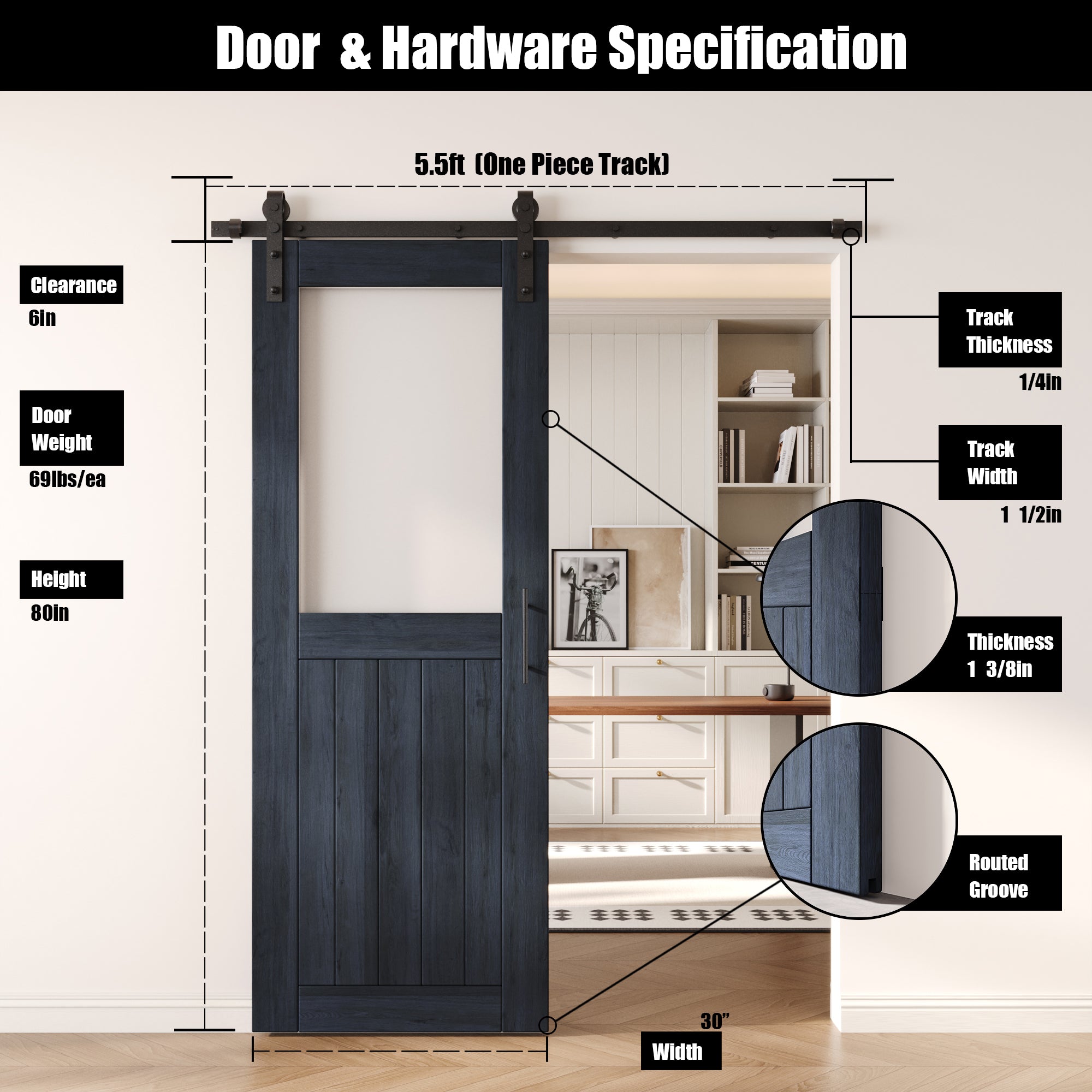 80" Height Navy Half Lite Frosted Glass Unassembled & Finished Pine Wood Barn Door with Non-Bypass Installation Hardware Kit (Interior Use Only)