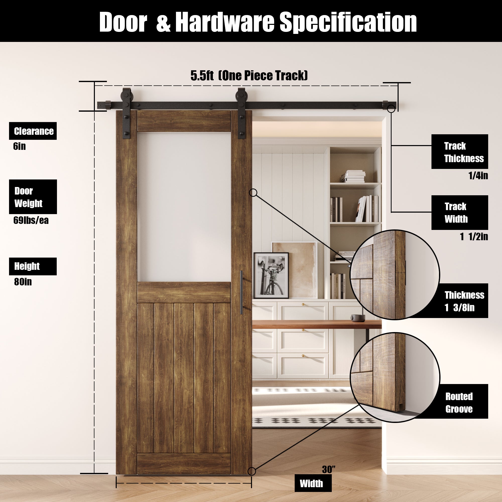 80" Height Dark Walnut Half Lite Frosted Glass Unassembled & Finished Pine Wood Barn Door with Non-Bypass Installation Hardware Kit (Interior Use Only)