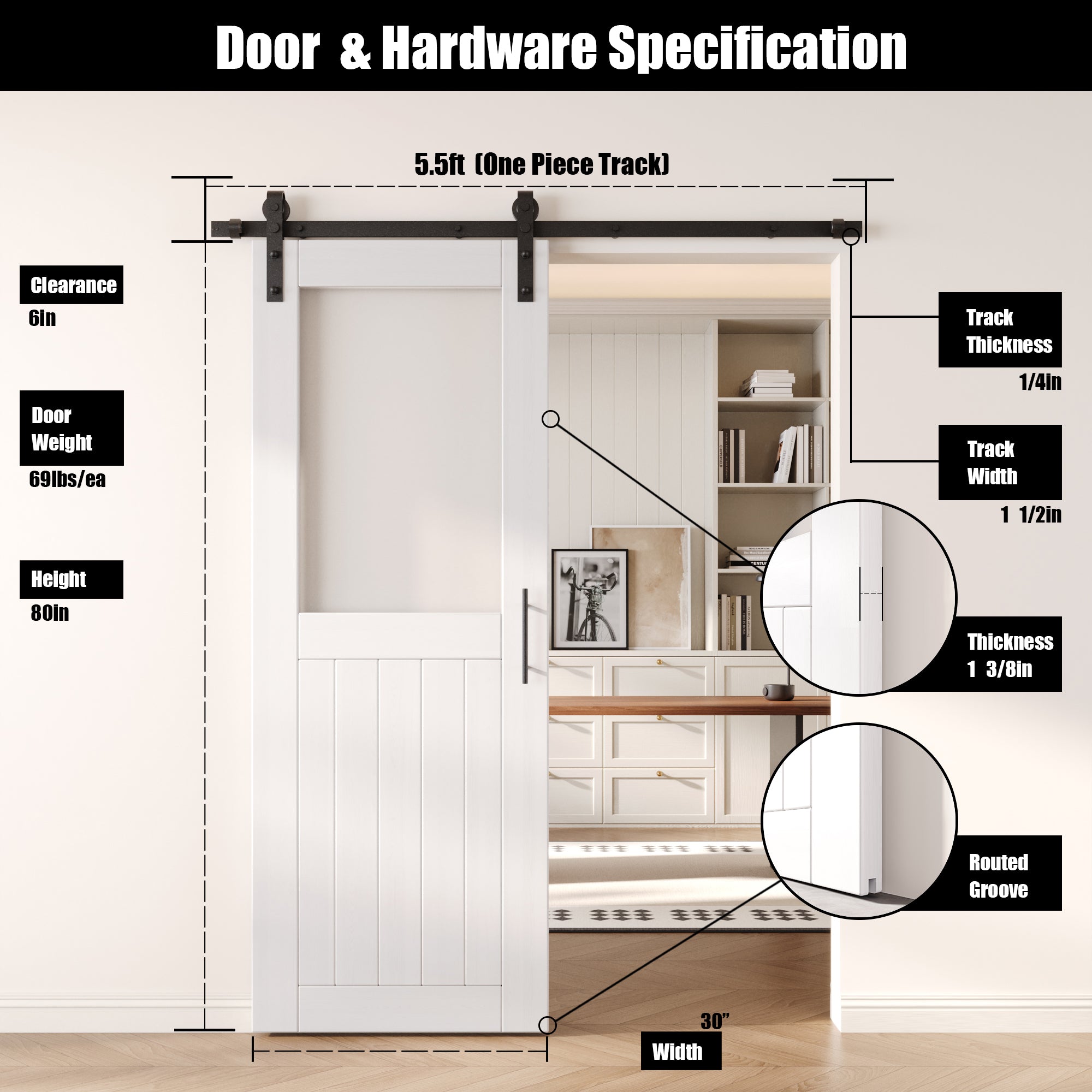 80" Height White Half Lite Frosted Glass Unassembled & Finished Pine Wood Barn Door with Non-Bypass Installation Hardware Kit (Interior Use Only)