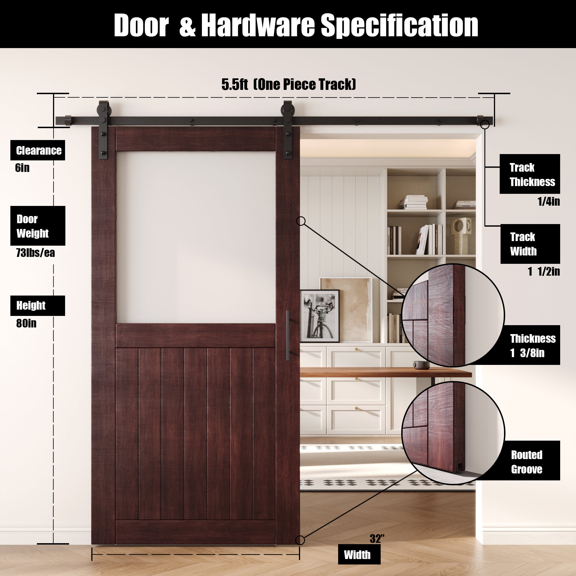 80" Height Red Mahogany Half Lite Frosted Glass Unassembled & Finished Pine Wood Barn Door with Non-Bypass Installation Hardware Kit (Interior Use Only)