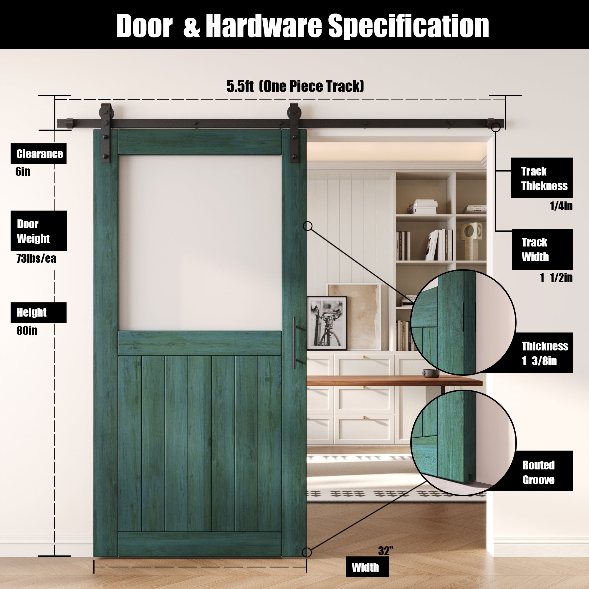 80" Height Royal Pine Half Lite Frosted Glass Unassembled & Finished Pine Wood Barn Door with Non-Bypass Installation Hardware Kit (Interior Use Only)