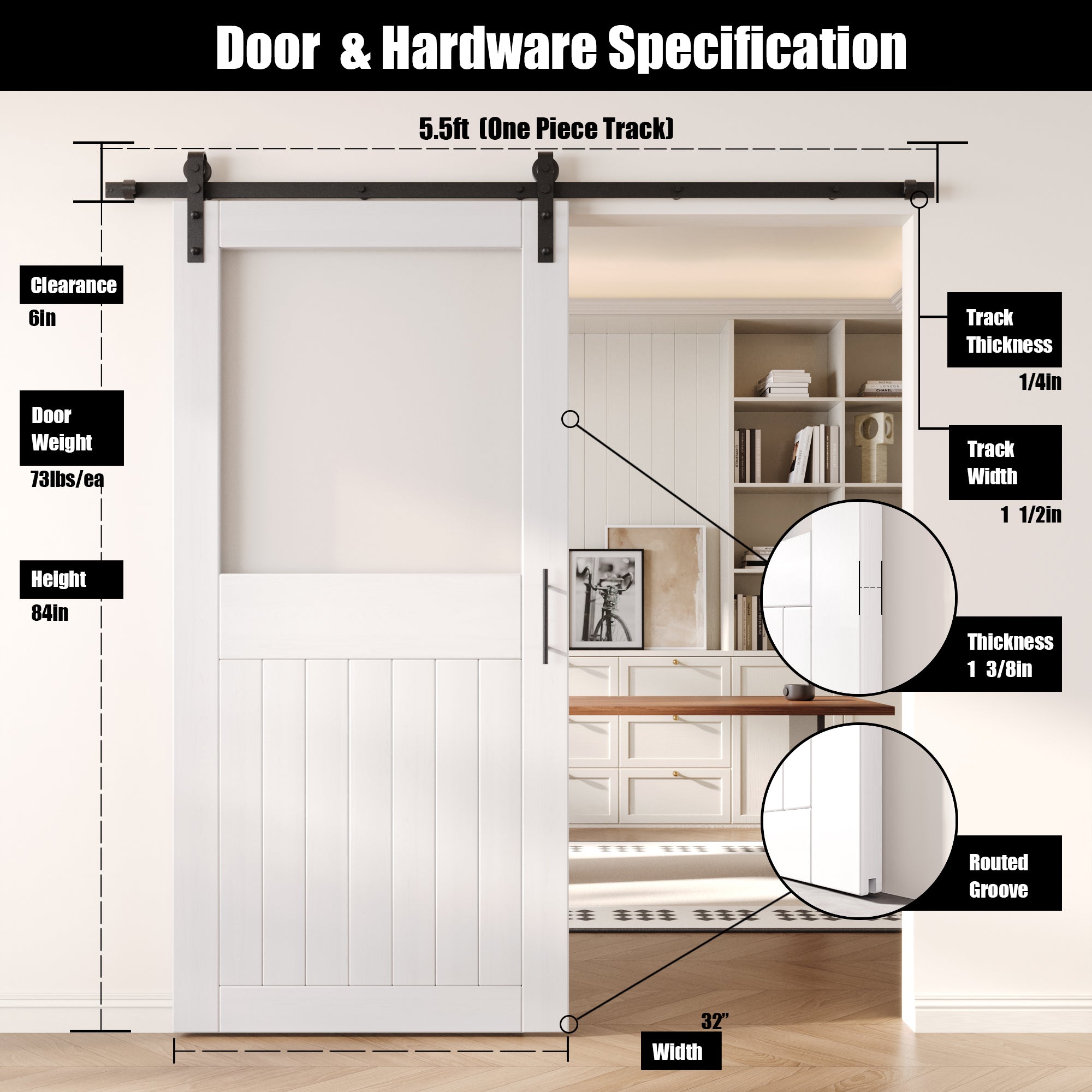 84" Height White Half Lite Frosted Glass Unassembled & Finished Pine Wood Barn Door with Non-Bypass Installation Hardware Kit (Interior Use Only)