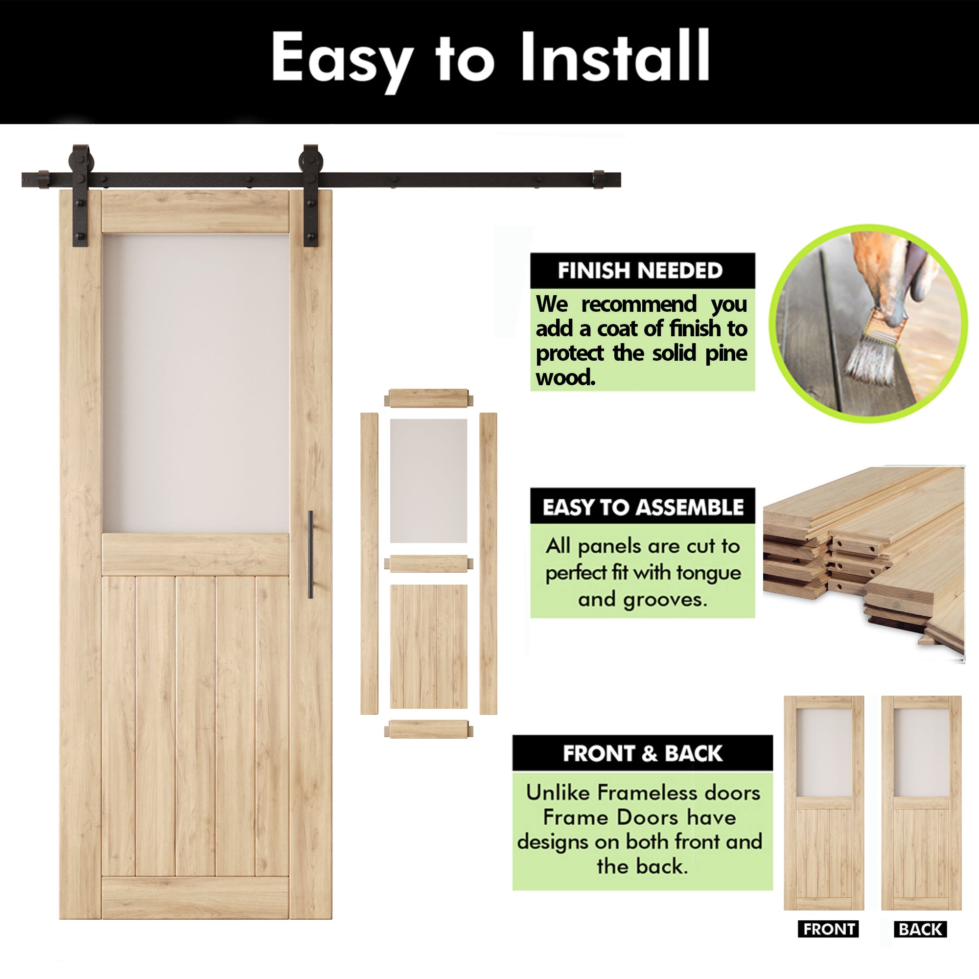 80" Height Half Lite Frosted Glass Unassembled & Unfinished Pine Wood Barn Door with Non-Bypass Installation Hardware Kit (Interior Use Only)