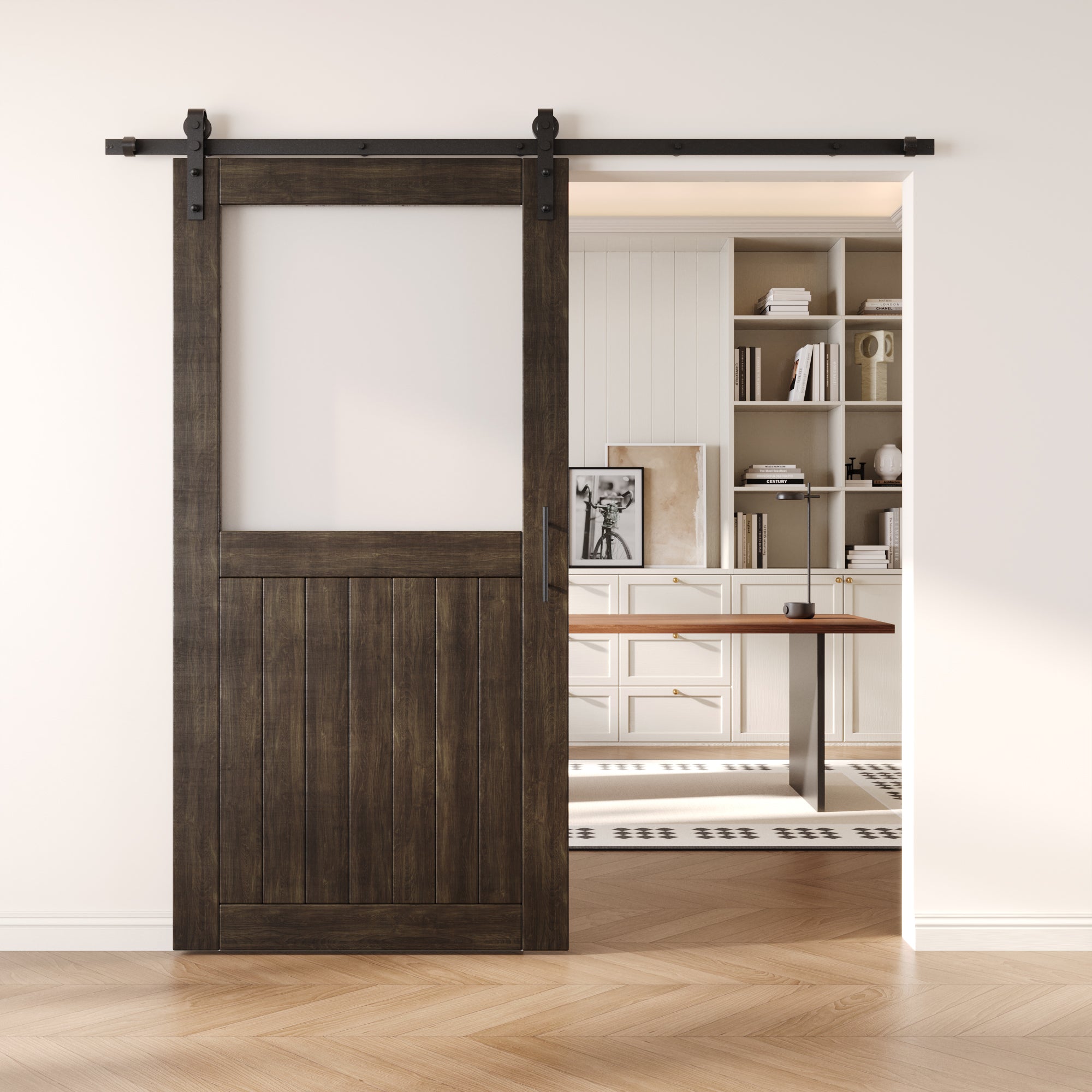 80" Height Ebony Half Lite Frosted Glass Unassembled & Finished Pine Wood Barn Door with Non-Bypass Installation Hardware Kit (Interior Use Only)