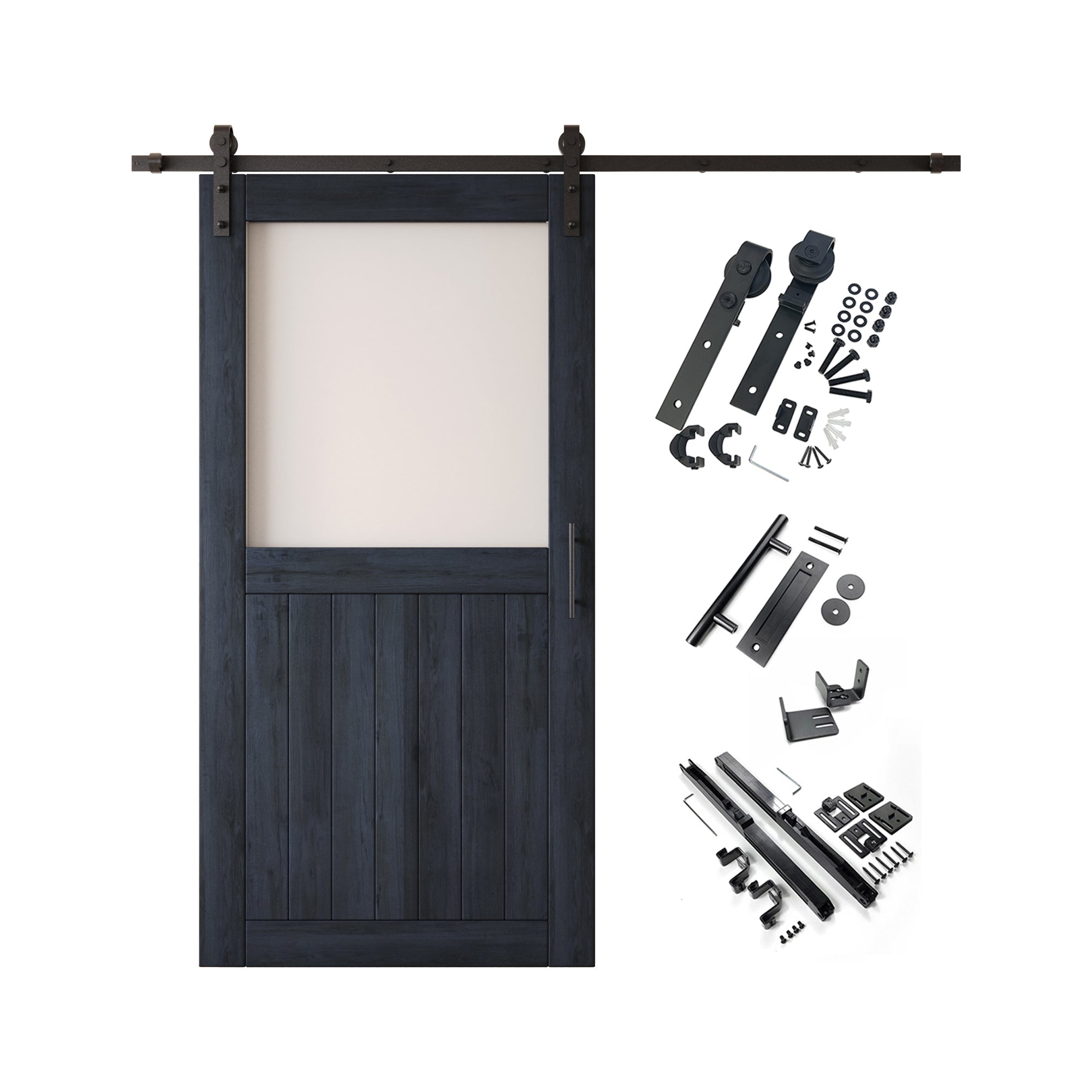 80" Height Navy Half Lite Frosted Glass Unassembled & Finished Pine Wood Barn Door with Non-Bypass Installation Hardware Kit (Interior Use Only)