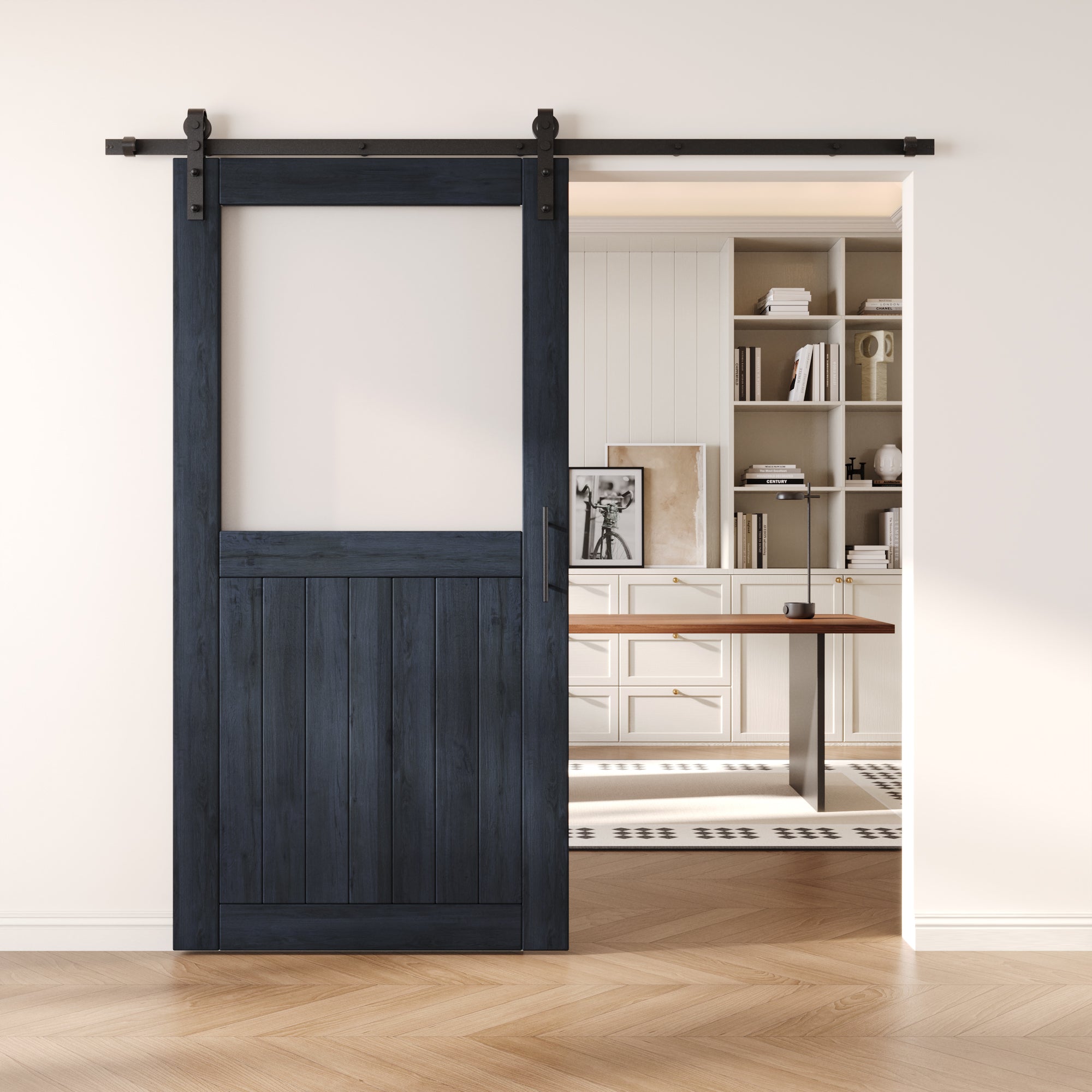 80" Height Navy Half Lite Frosted Glass Unassembled & Finished Pine Wood Barn Door with Non-Bypass Installation Hardware Kit (Interior Use Only)