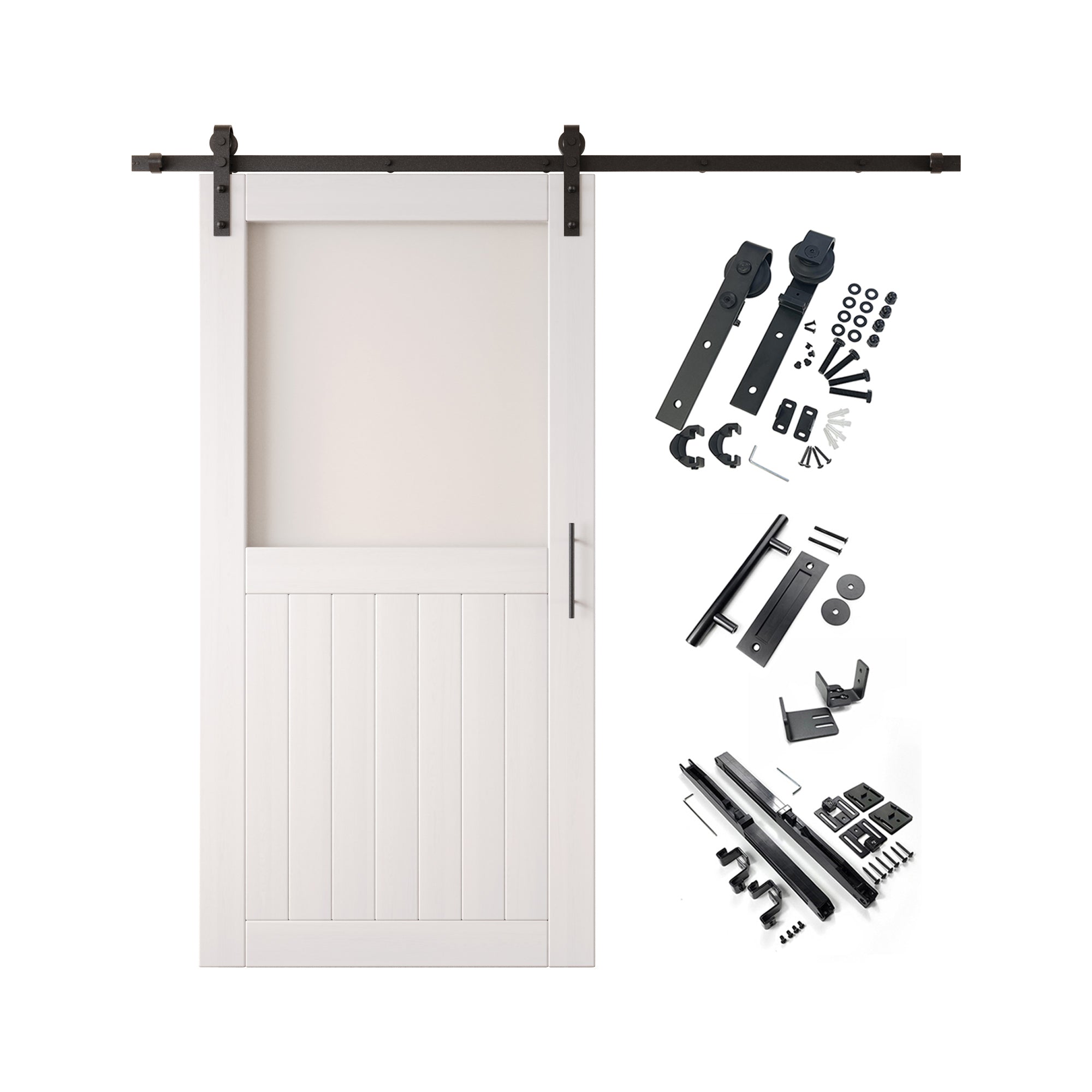 80" Height White Half Lite Frosted Glass Unassembled & Finished Pine Wood Barn Door with Non-Bypass Installation Hardware Kit (Interior Use Only)