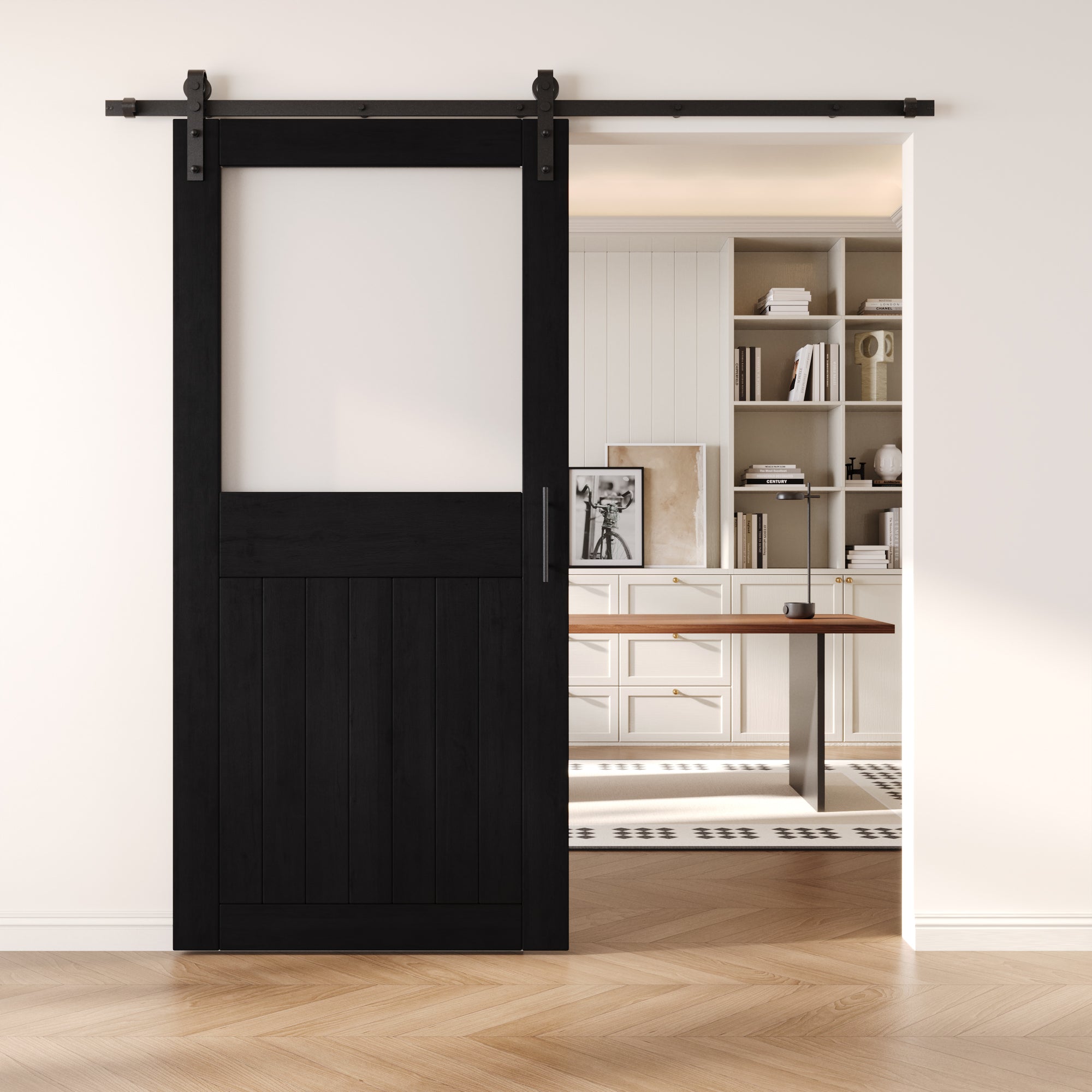 84" Height Black Half Lite Frosted Glass Unassembled & Finished Pine Wood Barn Door with Non-Bypass Installation Hardware Kit (Interior Use Only)