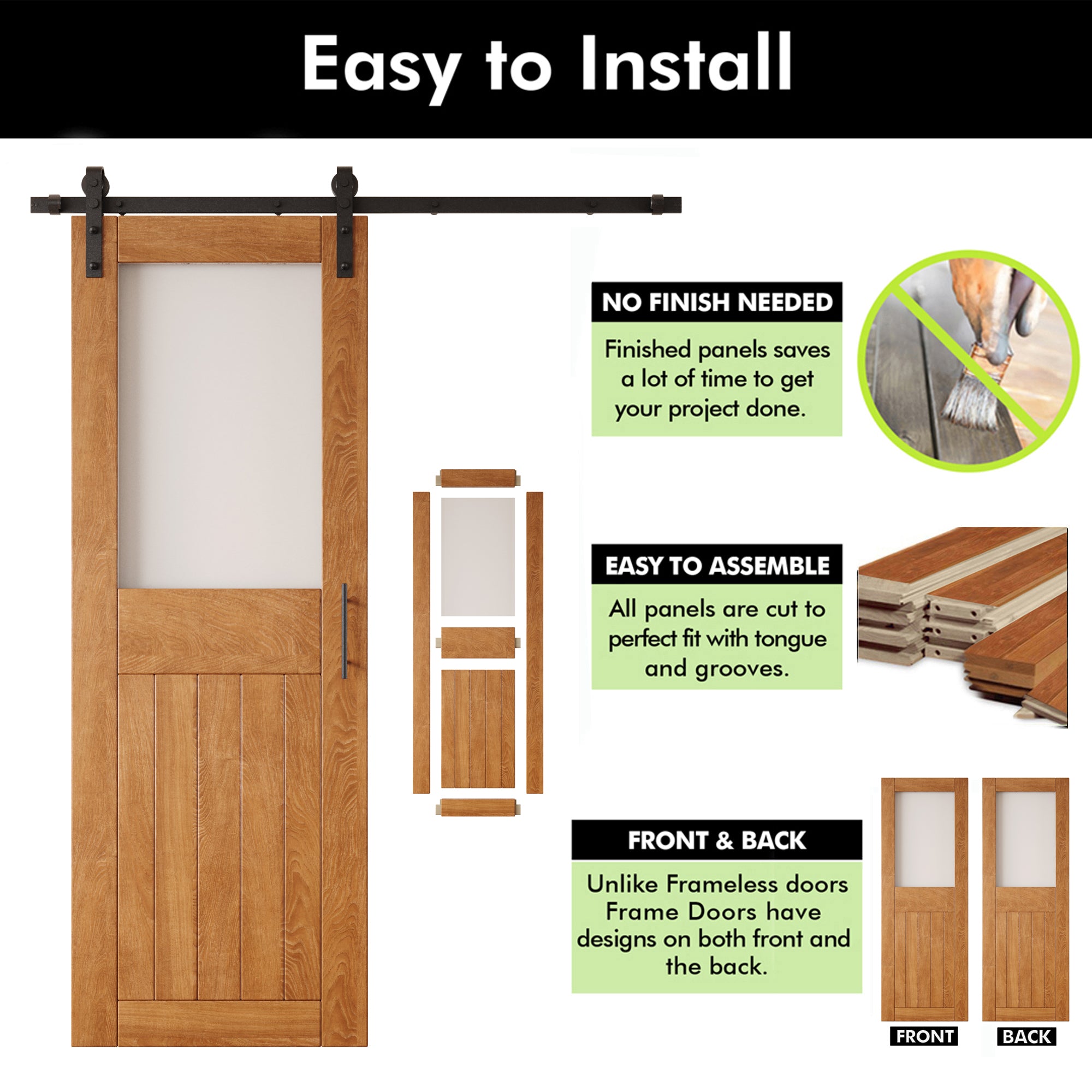 84" Height Early American Half Lite Frosted Glass Unassembled & Finished Pine Wood Barn Door with Non-Bypass Installation Hardware Kit (Interior Use Only)