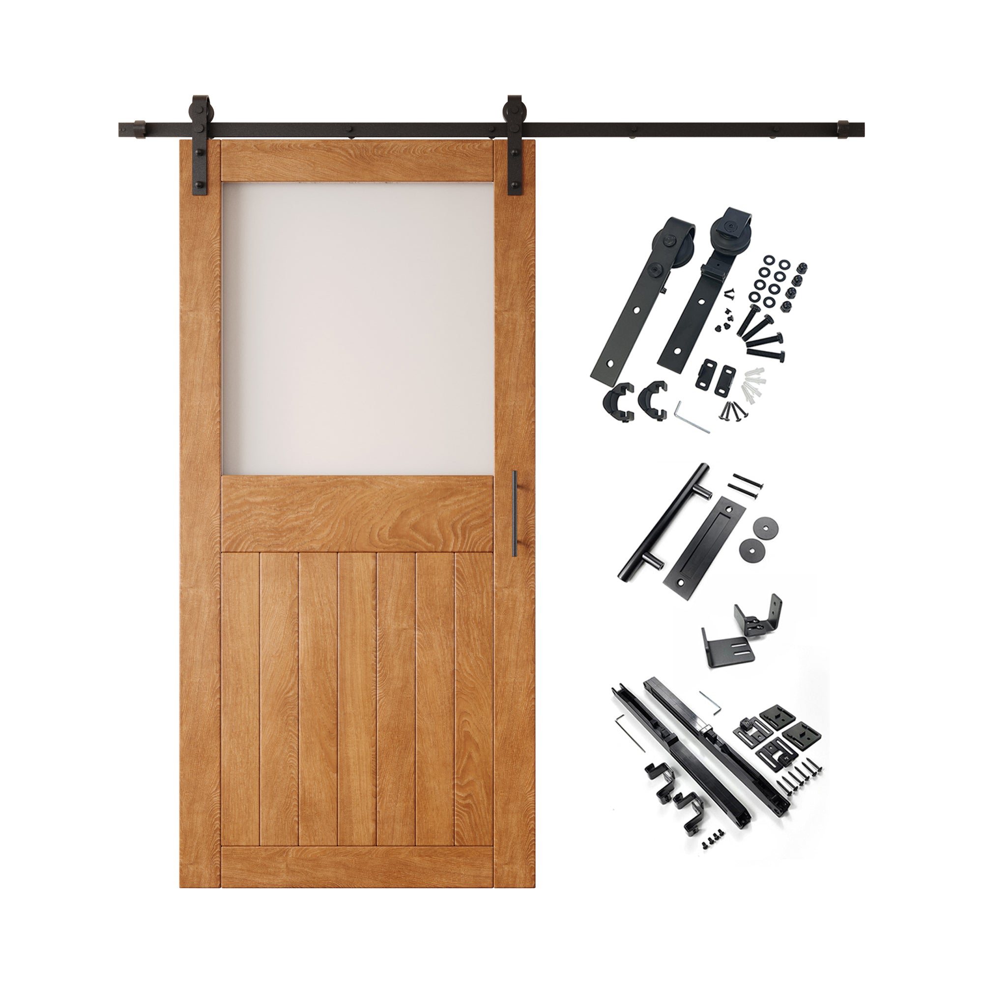 84" Height Early American Half Lite Frosted Glass Unassembled & Finished Pine Wood Barn Door with Non-Bypass Installation Hardware Kit (Interior Use Only)