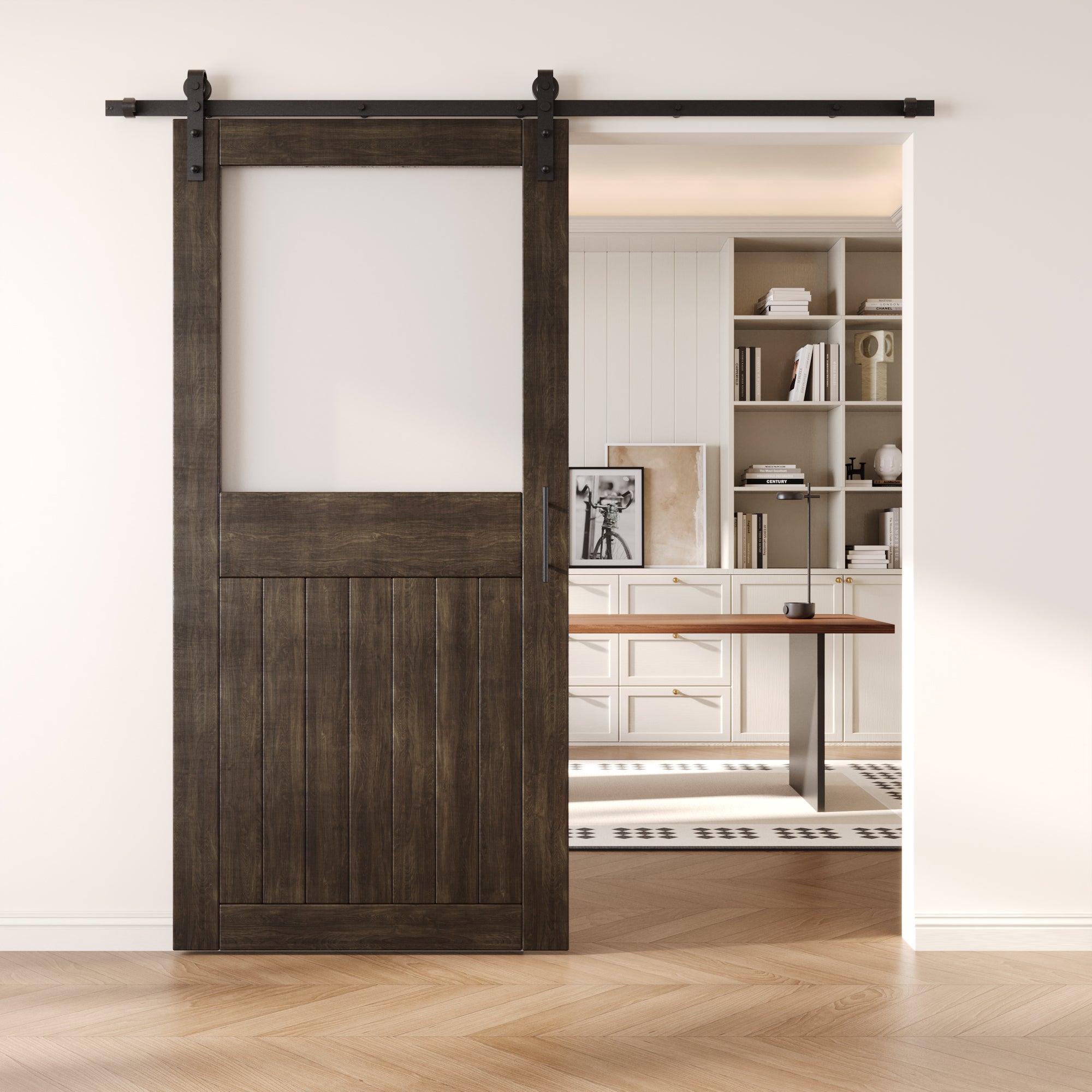 84" Height Ebony Half Lite Frosted Glass Unassembled & Finished Pine Wood Barn Door with Non-Bypass Installation Hardware Kit (Interior Use Only)
